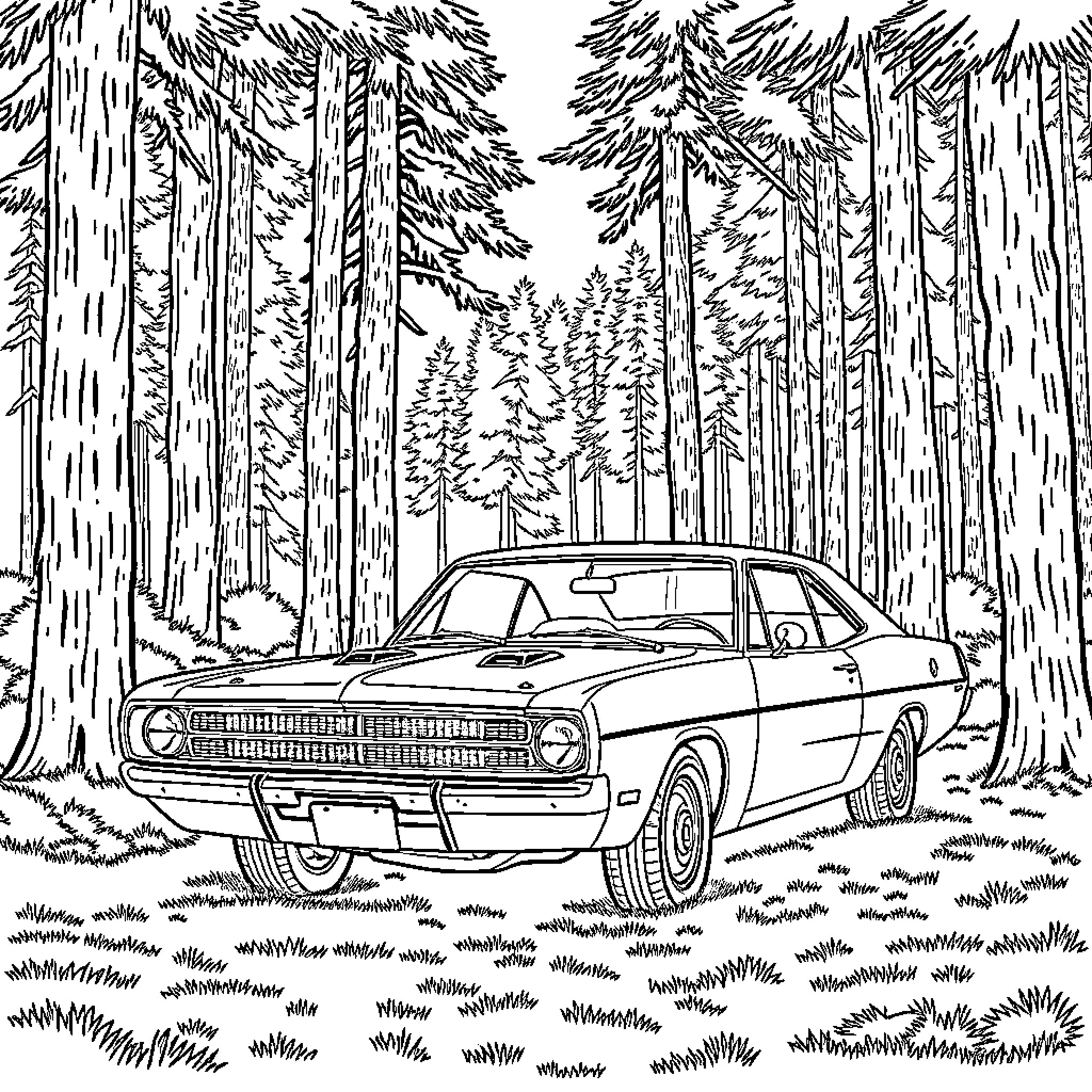 Dodge Dart parked in tranquil forest Coloring Page (free black-and-white line drawing printable PDF for all, from beginners to advanced learners, including children, teens, adults, and seniors)