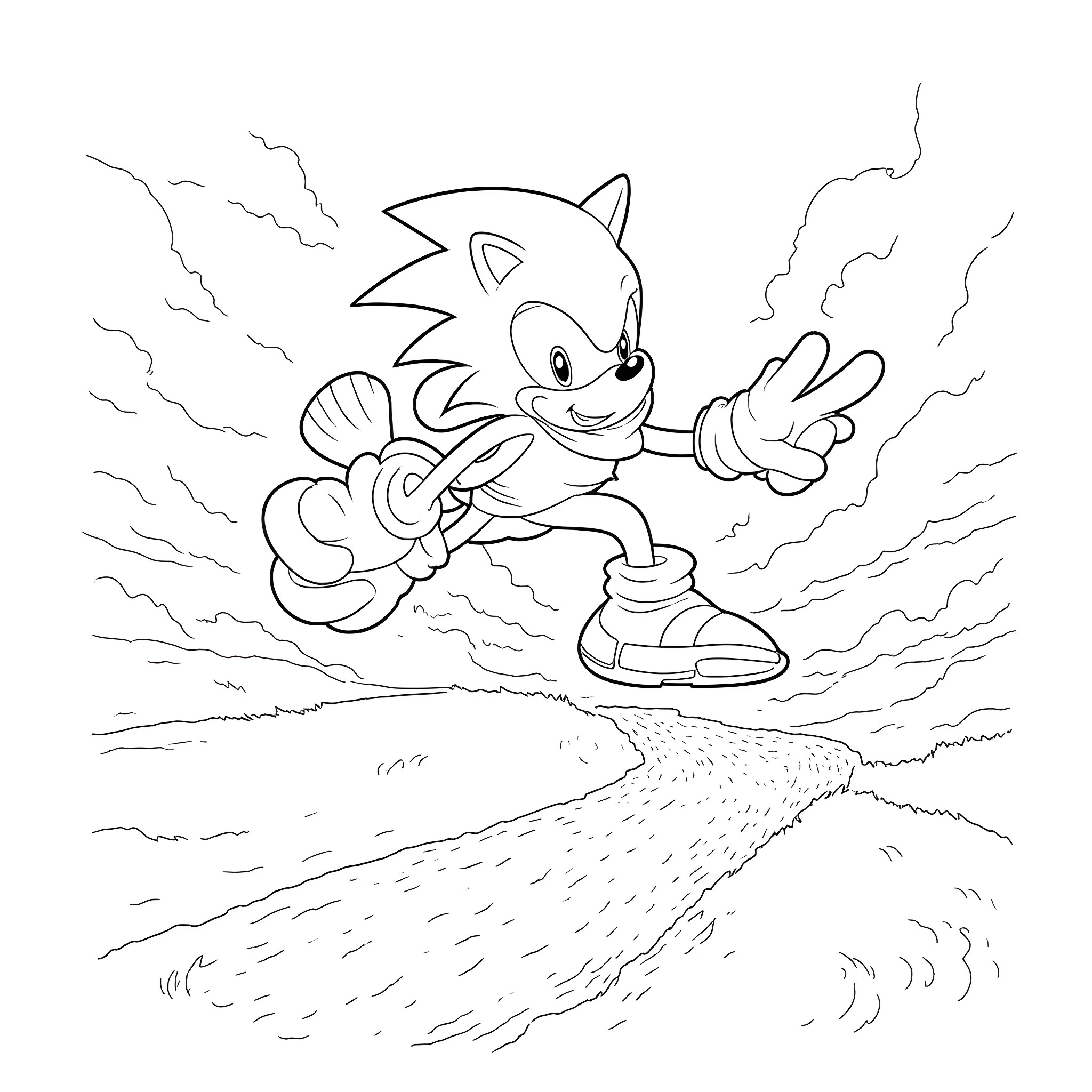 Sonic the Hedgehog running speedily on the path Coloring Page (free black-and-white line drawing printable PDF for all, from beginners to advanced learners, including children, teens, adults, and seniors)