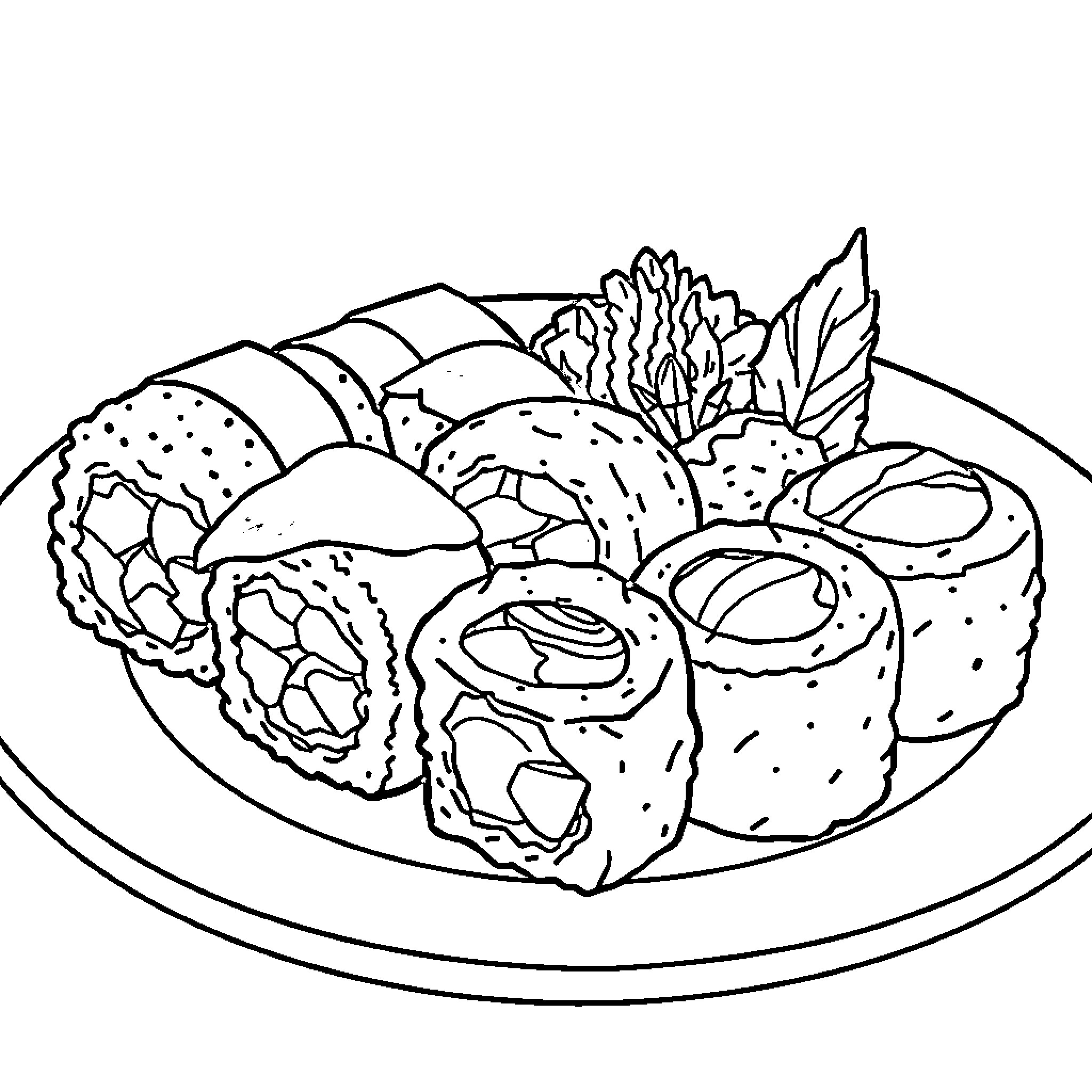 Sushi rolls and garnish on a plate Coloring Page (free black-and-white line drawing printable PDF for all, from beginners to advanced learners, including children, teens, adults, and seniors)