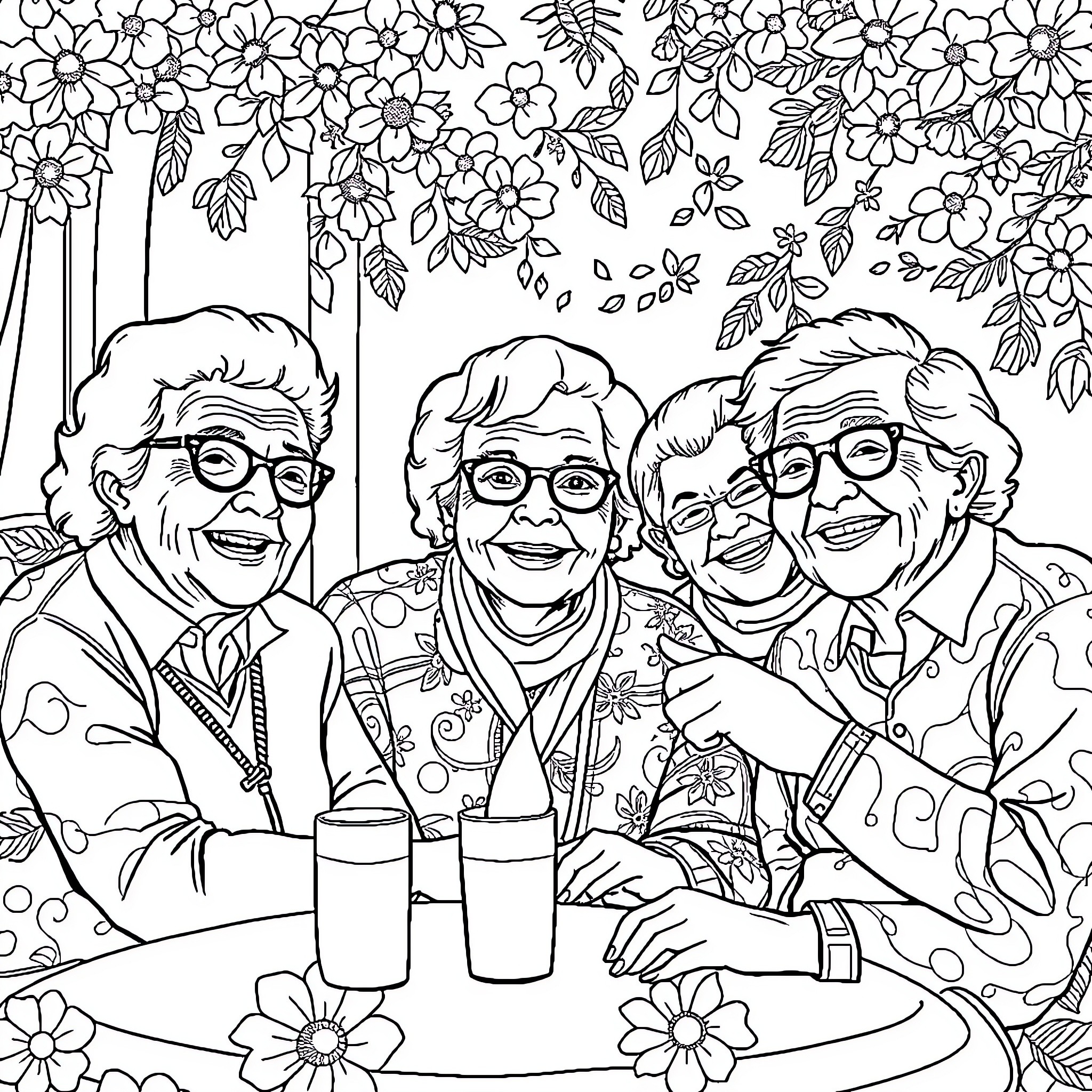 Seniors enjoying a vibrant floral gathering Coloring Page (free black-and-white line drawing printable PDF for all, from beginners to advanced learners, including children, teens, adults, and seniors)