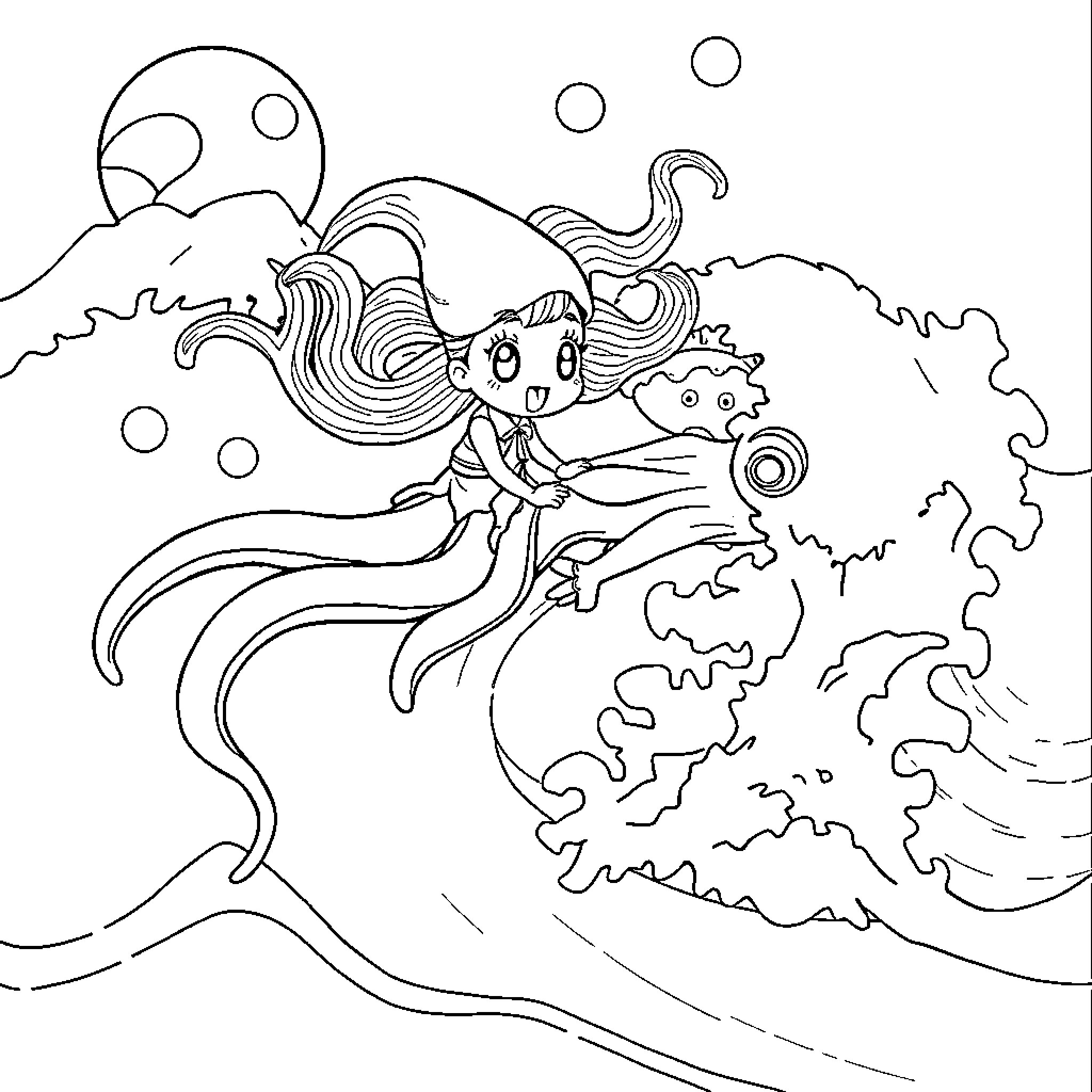 Kurami's Underwater Adventure Coloring Page (free black-and-white line drawing printable PDF for all, from beginners to advanced learners, including children, teens, adults, and seniors)