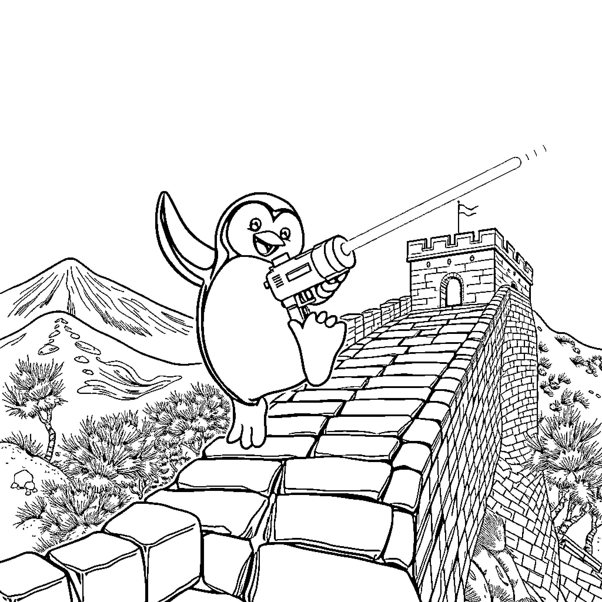 Penguin exploring an ancient castle Coloring Page (free black-and-white line drawing printable PDF for all, from beginners to advanced learners, including children, teens, adults, and seniors)