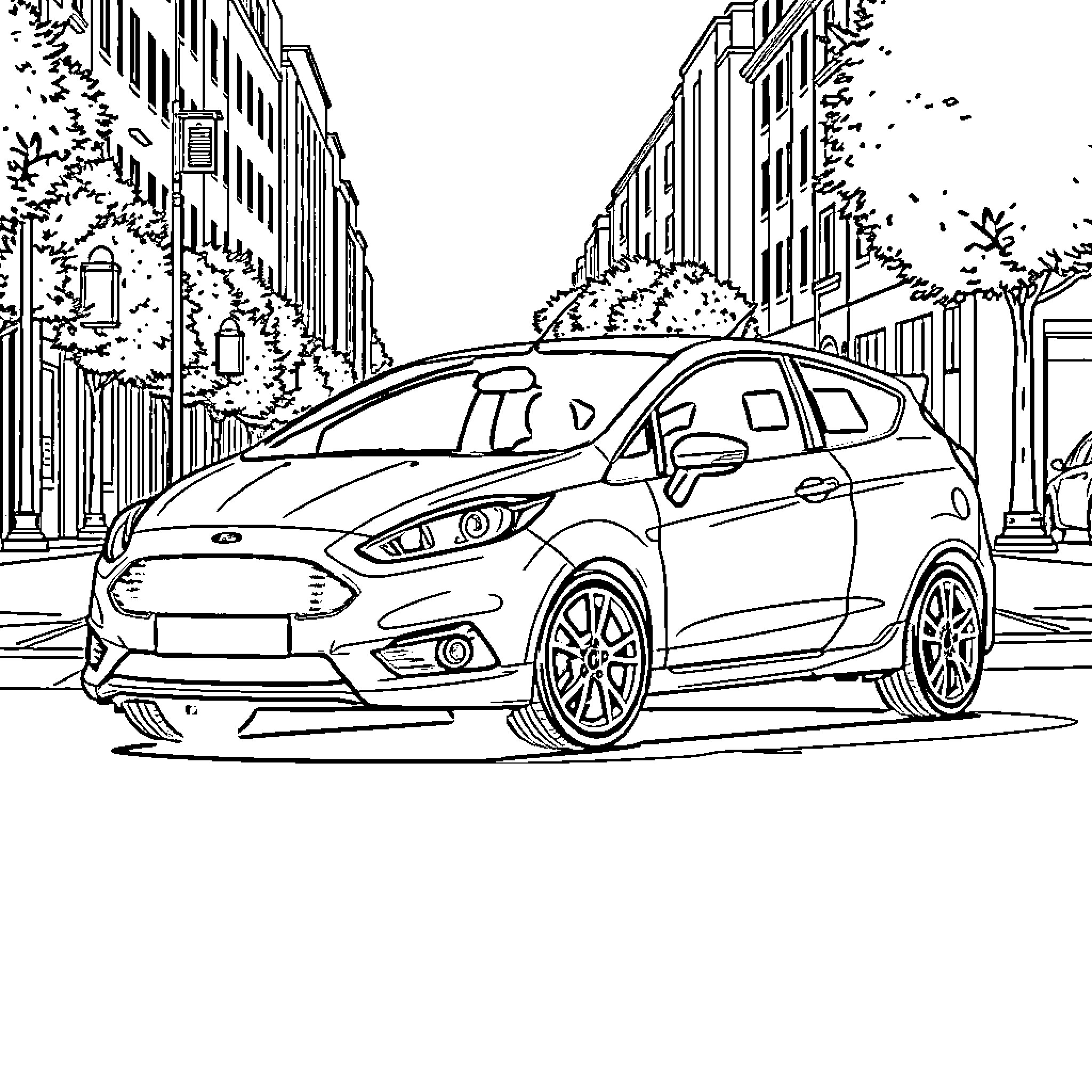 Ford Hatchback Cruising Through City Streets Coloring Page (free black-and-white line drawing printable PDF for all, from beginners to advanced learners, including children, teens, adults, and seniors)