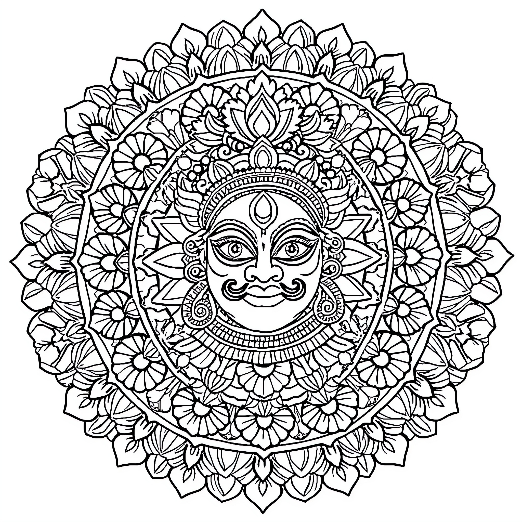 Kathakali performer in elaborate floral costume Coloring Page (free black-and-white line drawing printable PDF for all, from beginners to advanced learners, including children, teens, adults, and seniors)