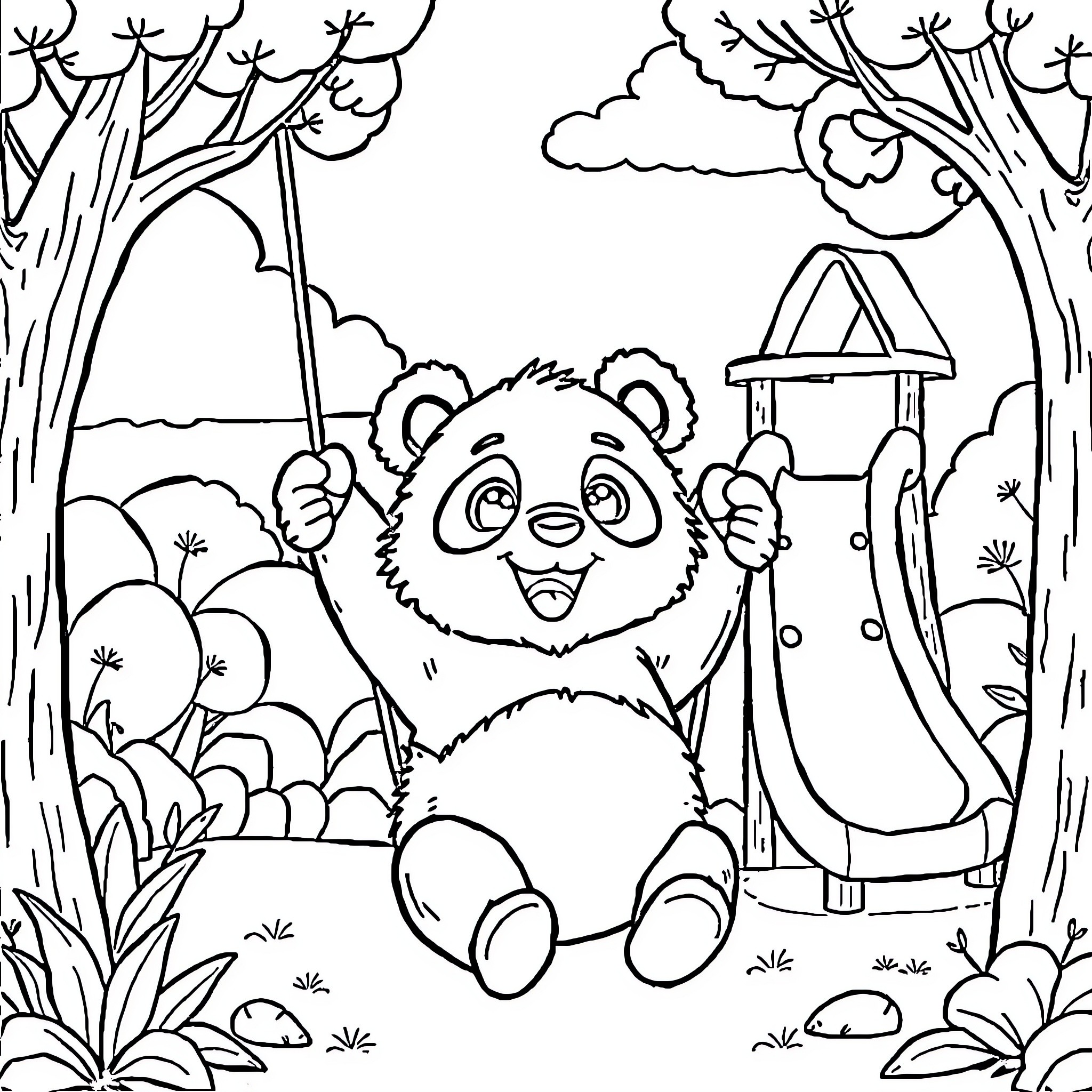 Panda playing joyfully in the forest playground Coloring Page (free black-and-white line drawing printable PDF for all, from beginners to advanced learners, including children, teens, adults, and seniors)