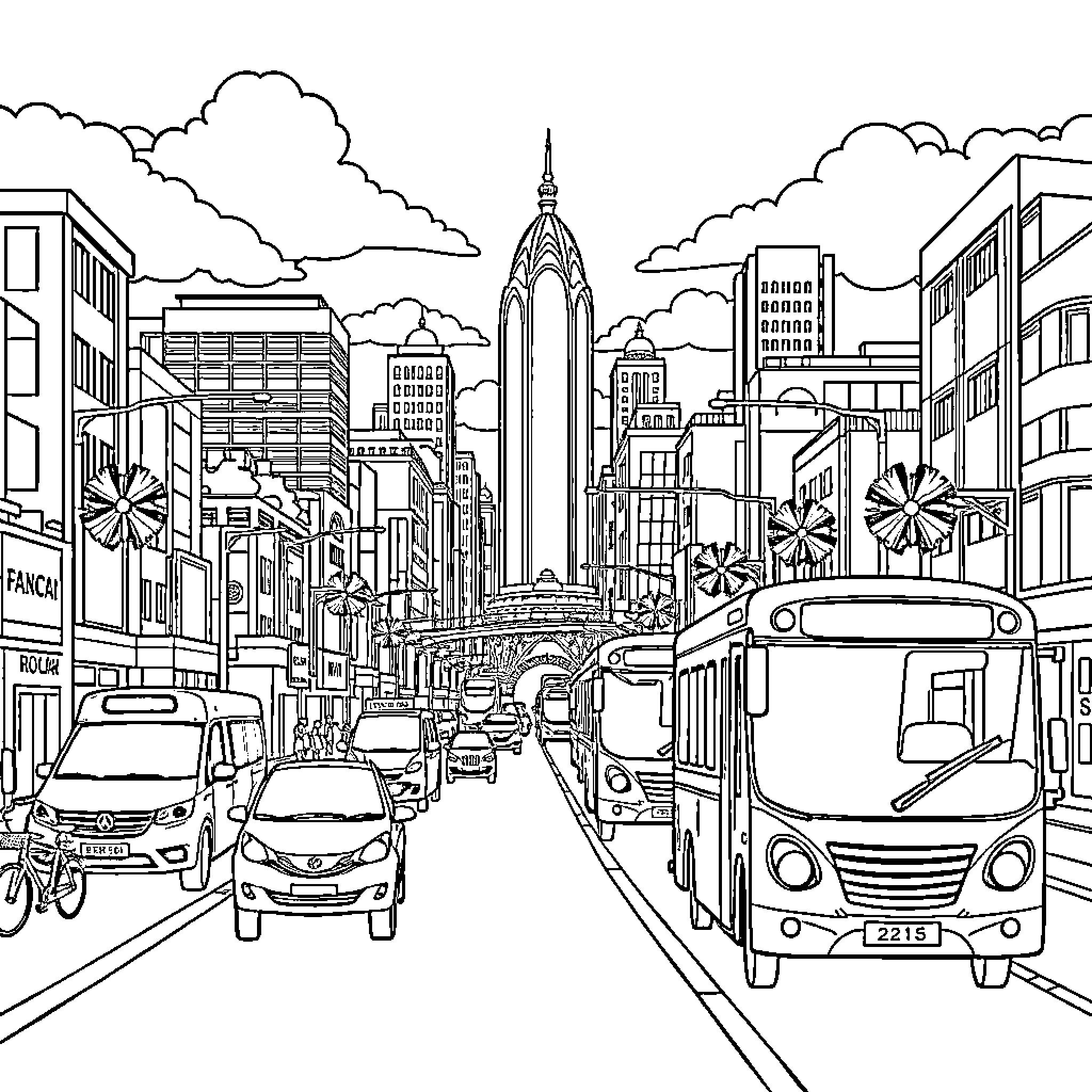 City street scene with busy traffic and iconic buildings Coloring Page (free black-and-white line drawing printable PDF for all, from beginners to advanced learners, including children, teens, adults, and seniors)