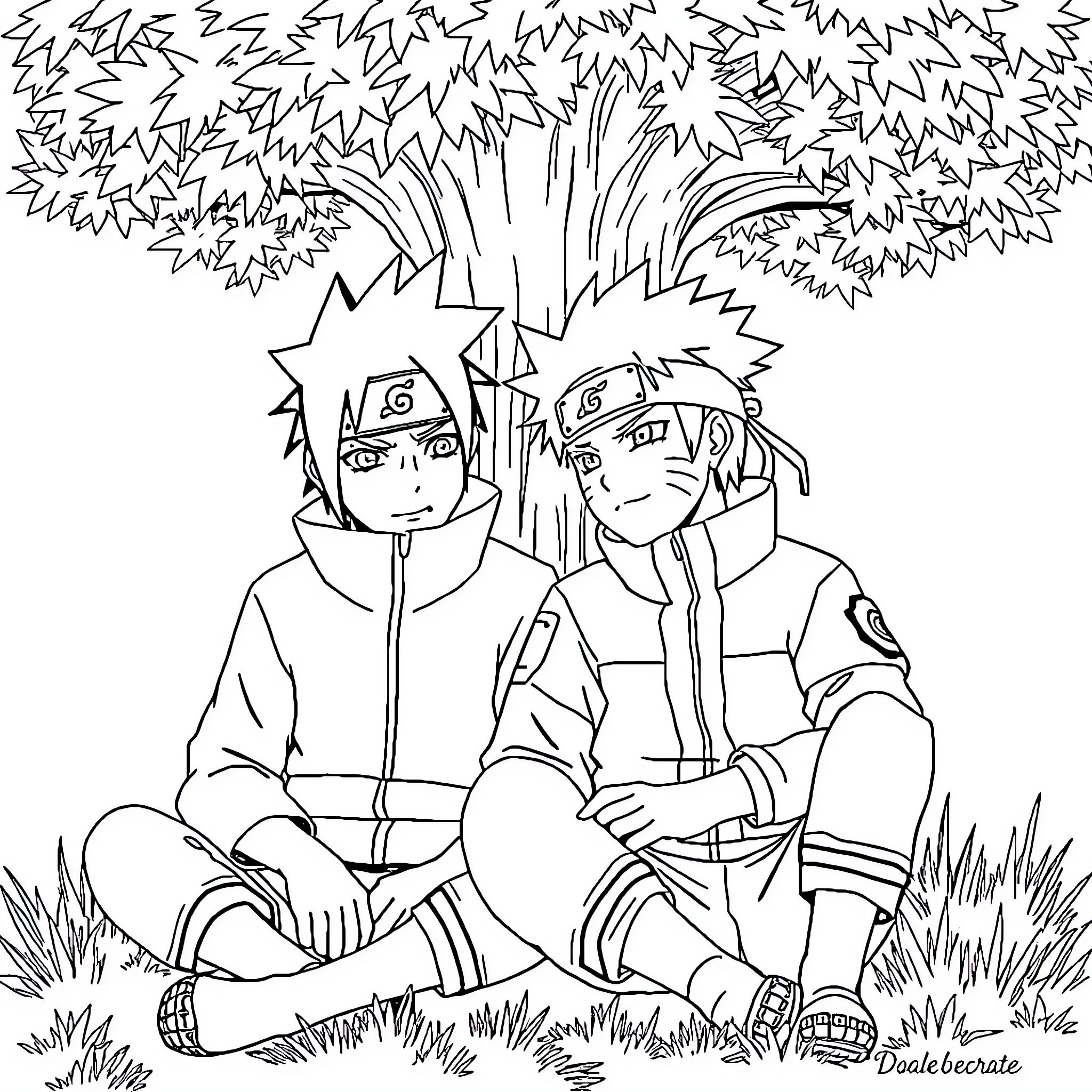 Naruto and Sasuke's Camaraderie in Nature Coloring Page (free black-and-white line drawing printable PDF for all, from beginners to advanced learners, including children, teens, adults, and seniors)