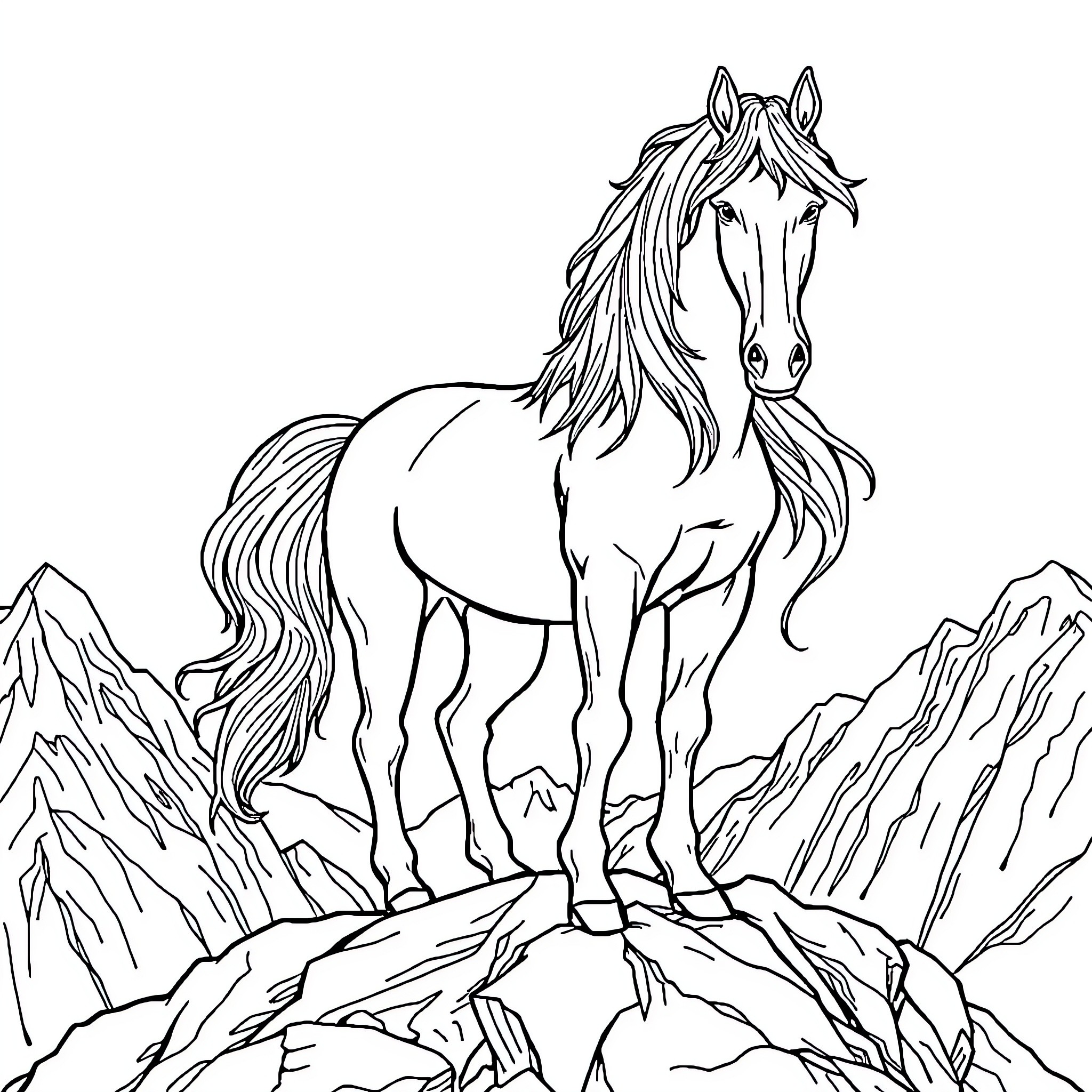 Horse standing proudly on rocky cliff Coloring Page (free black-and-white line drawing printable PDF for all, from beginners to advanced learners, including children, teens, adults, and seniors)