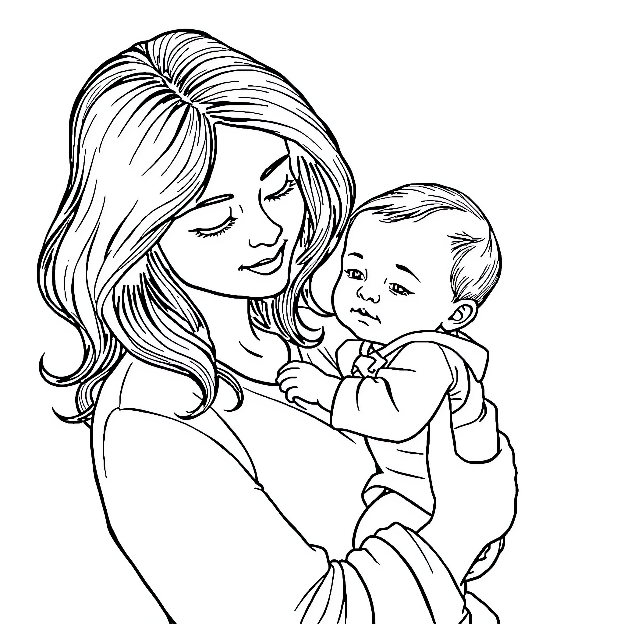 Mother's Tender Embrace with Infant Coloring Page (free black-and-white line drawing printable PDF for all, from beginners to advanced learners, including children, teens, adults, and seniors)