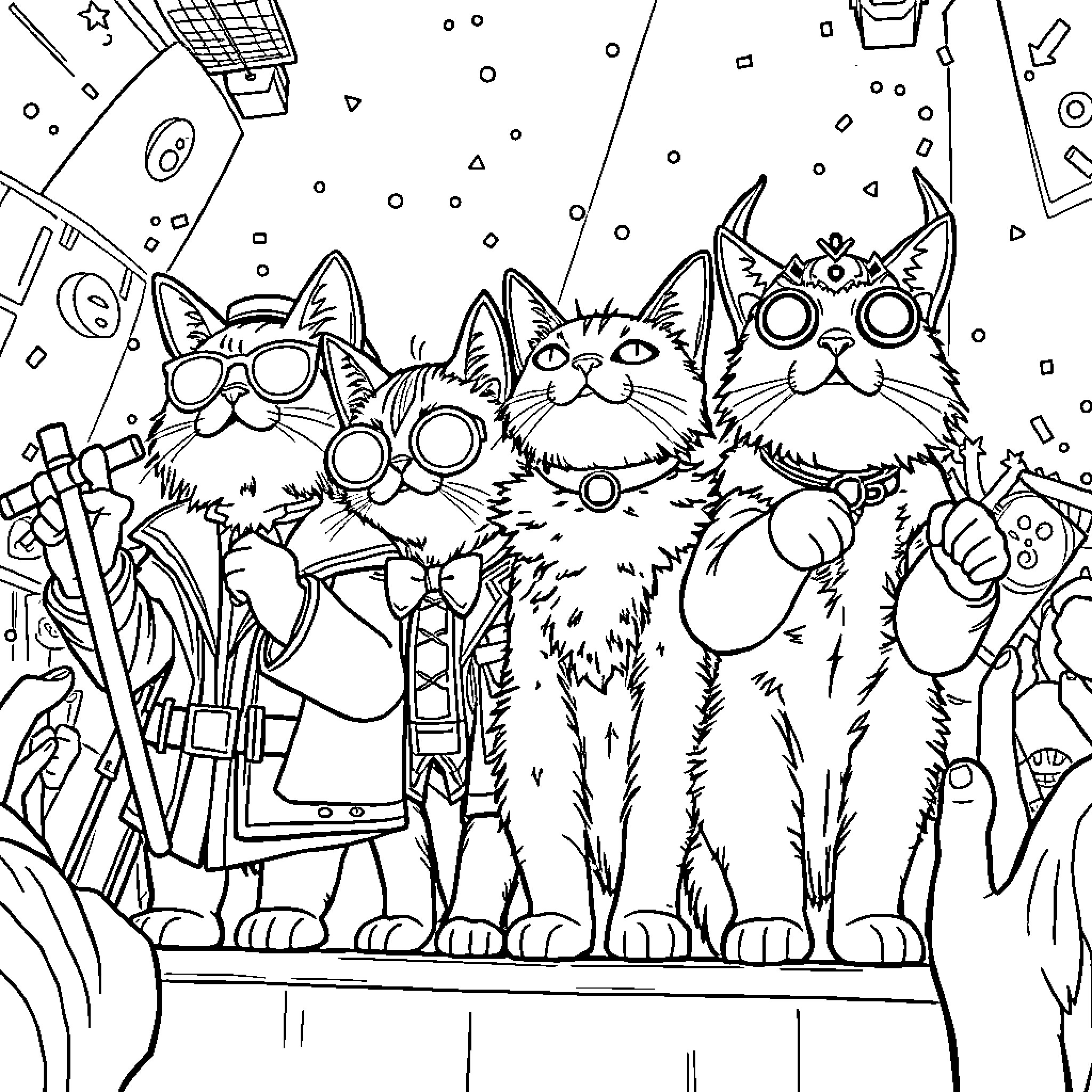 Cat Space Explorers in Futuristic Sci-Fi Setting Coloring Page (free black-and-white line drawing printable PDF for all, from beginners to advanced learners, including children, teens, adults, and seniors)