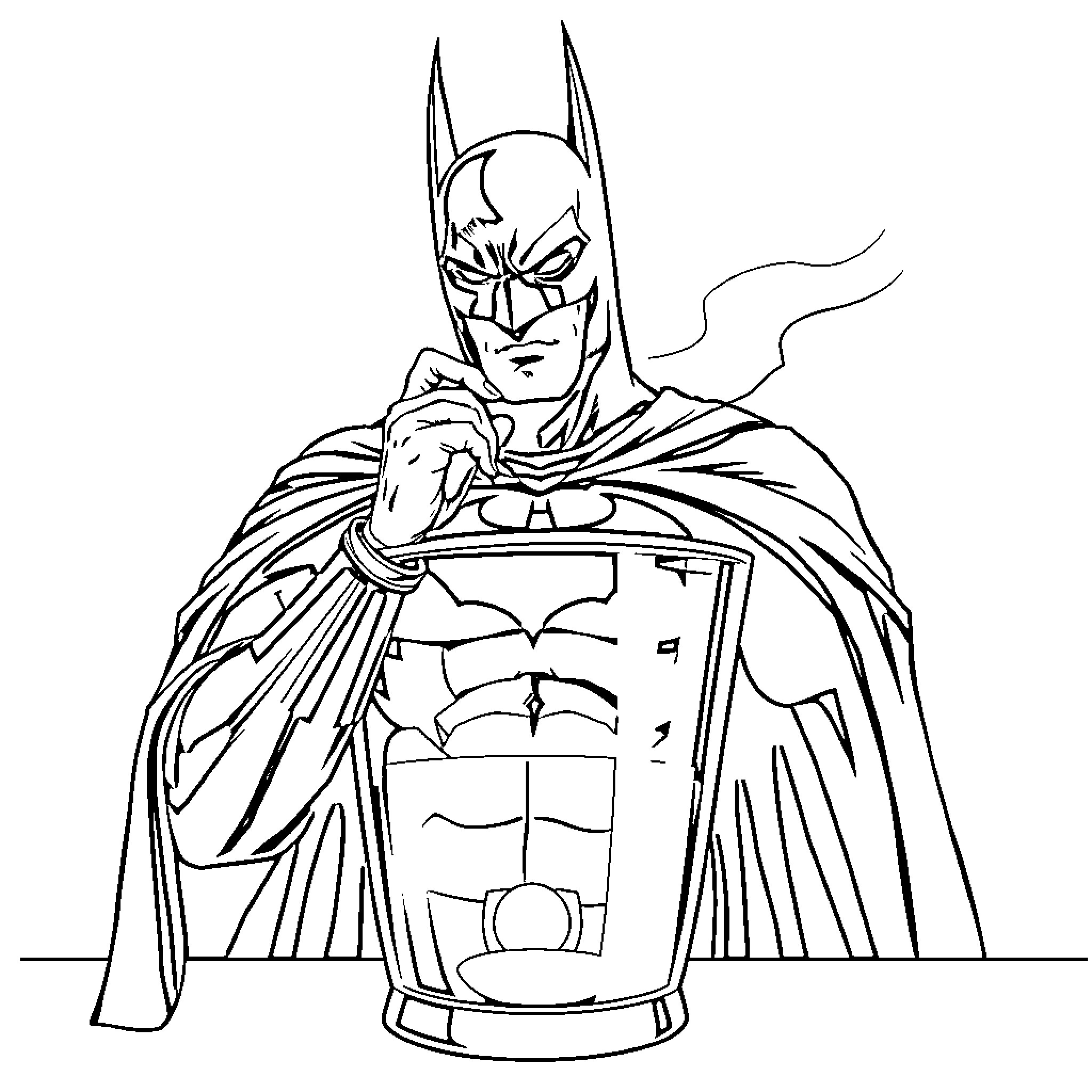 Batman in action with iconic costume and pose Coloring Page (free black-and-white line drawing printable PDF for all, from beginners to advanced learners, including children, teens, adults, and seniors)