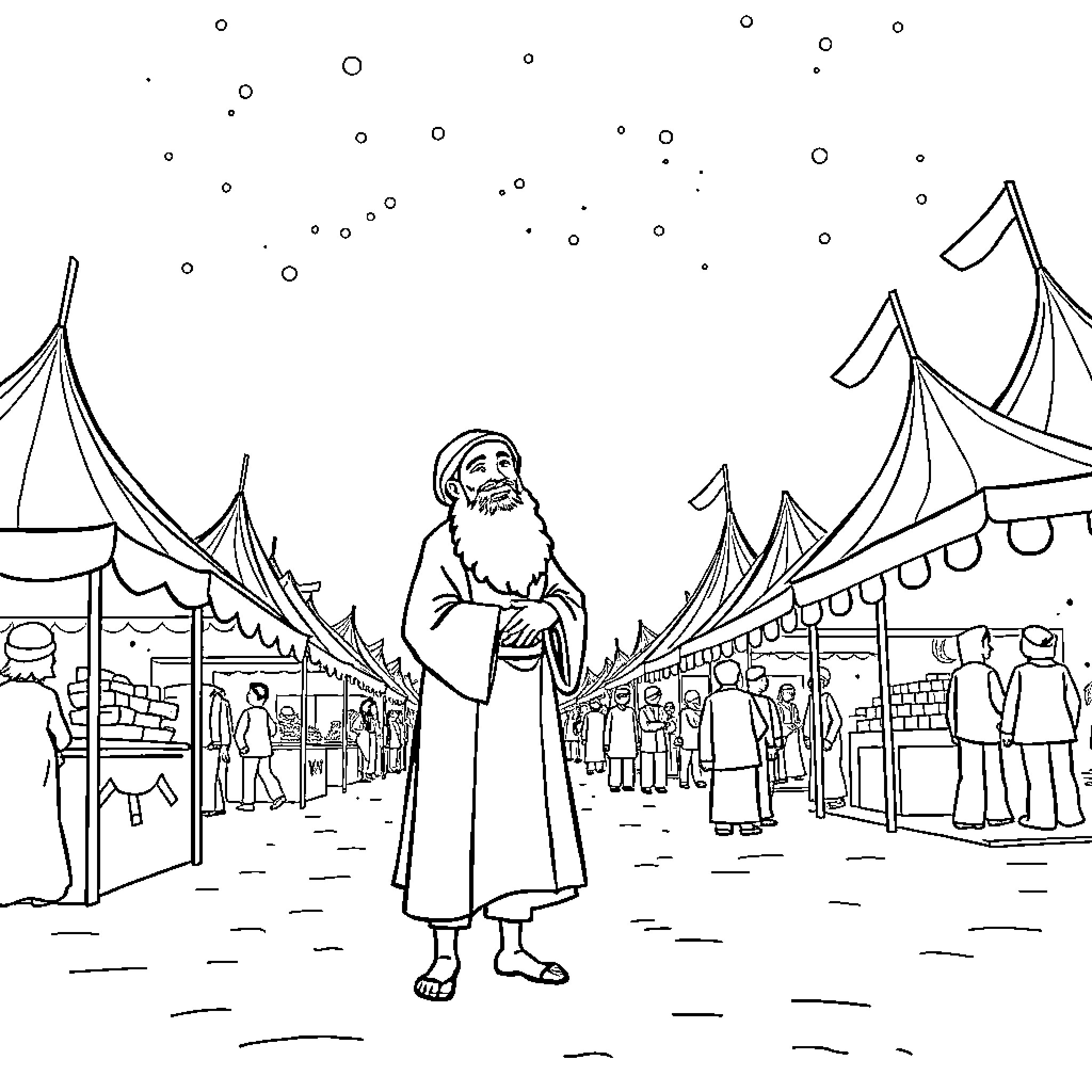 Rumi in a bustling marketplace Coloring Page (free black-and-white line drawing printable PDF for all, from beginners to advanced learners, including children, teens, adults, and seniors)