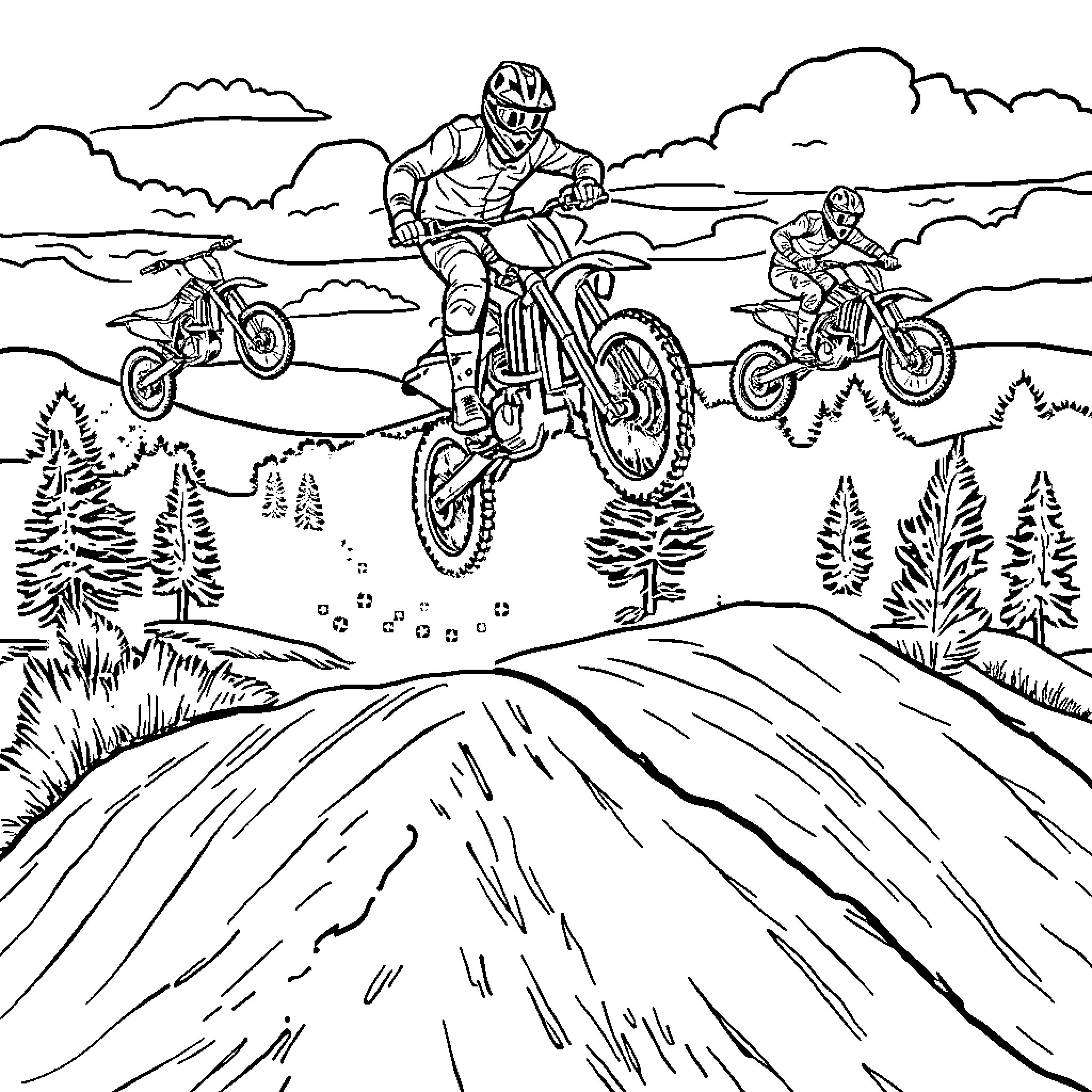 Dirt Bike Riders Performing Stunts in the Mountains Coloring Page (free black-and-white line drawing printable PDF for all, from beginners to advanced learners, including children, teens, adults, and seniors)