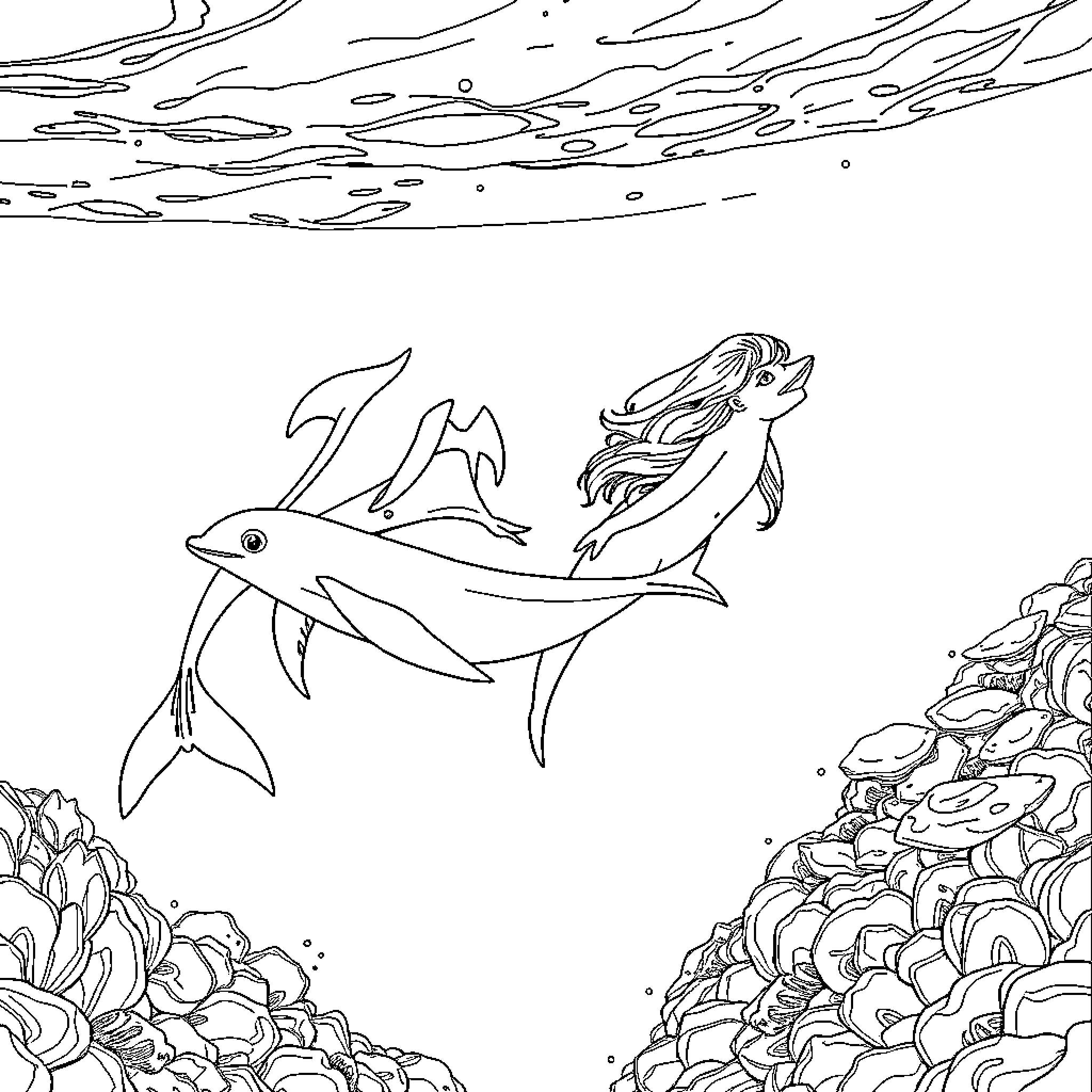 Mermaid riding on a dolphin through the ocean Coloring Page (free black-and-white line drawing printable PDF for all, from beginners to advanced learners, including children, teens, adults, and seniors)