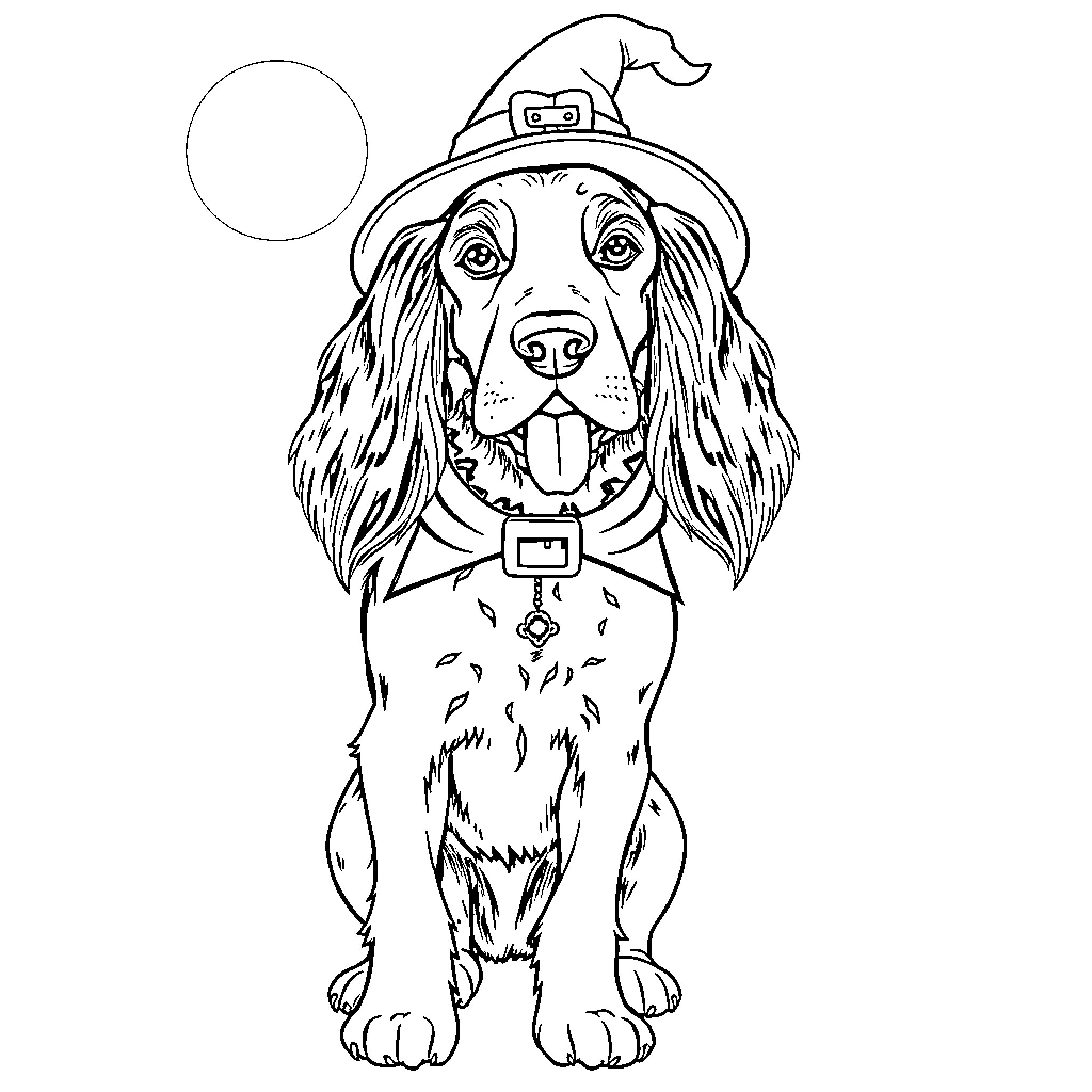 English Setter in Festive Witch Hat Coloring Page (free black-and-white line drawing printable PDF for all, from beginners to advanced learners, including children, teens, adults, and seniors)