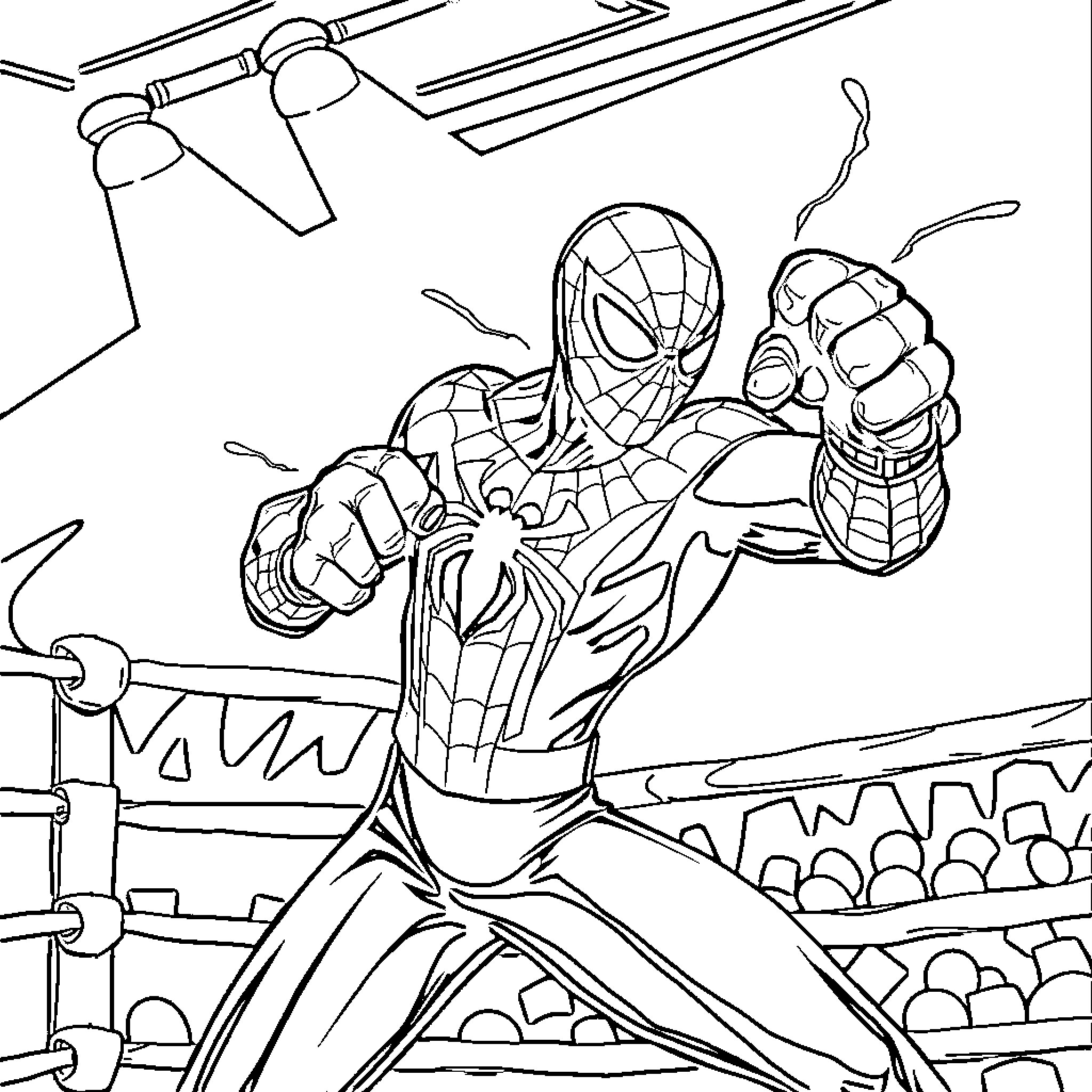 Spiderman heroically fighting in the arena Coloring Page (free black-and-white line drawing printable PDF for all, from beginners to advanced learners, including children, teens, adults, and seniors)