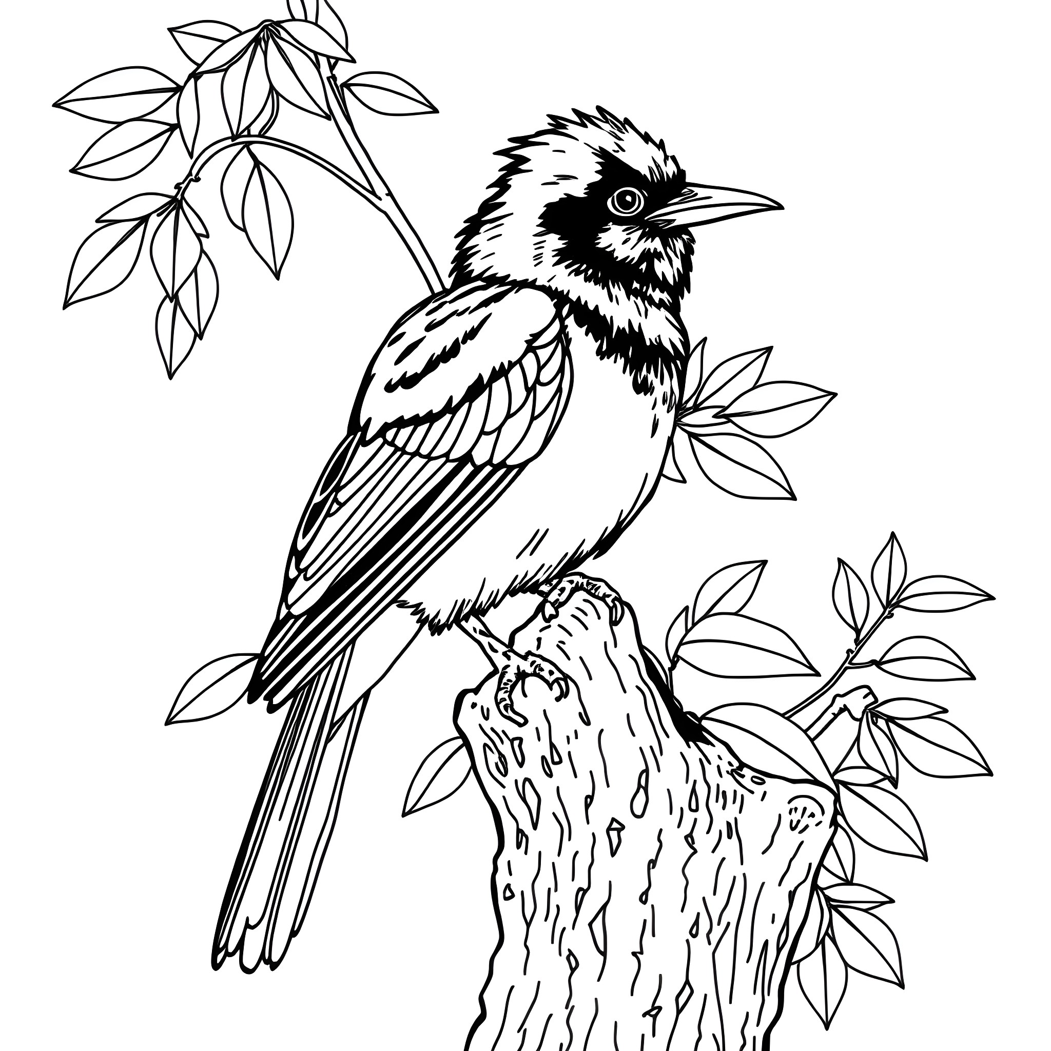 Brazilian Tanager perched on a branch Coloring Page (free black-and-white line drawing printable PDF for all, from beginners to advanced learners, including children, teens, adults, and seniors)