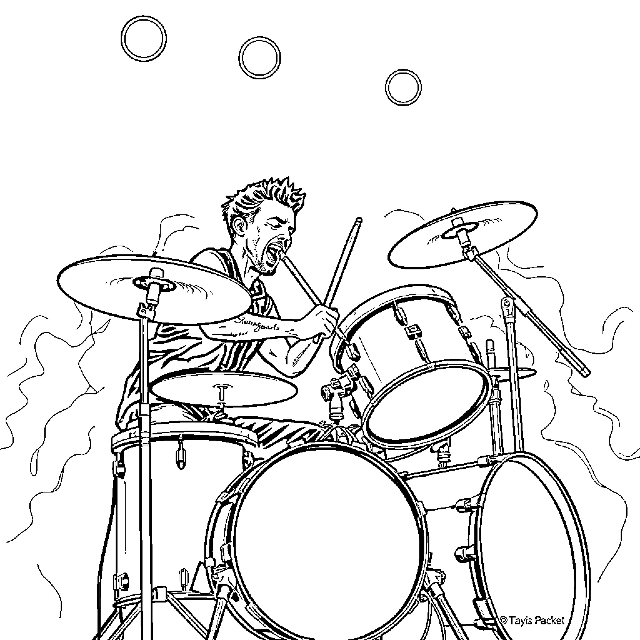 Travis Barker passionately playing drums on stage Coloring Page (free black-and-white line drawing printable PDF for all, from beginners to advanced learners, including children, teens, adults, and seniors)