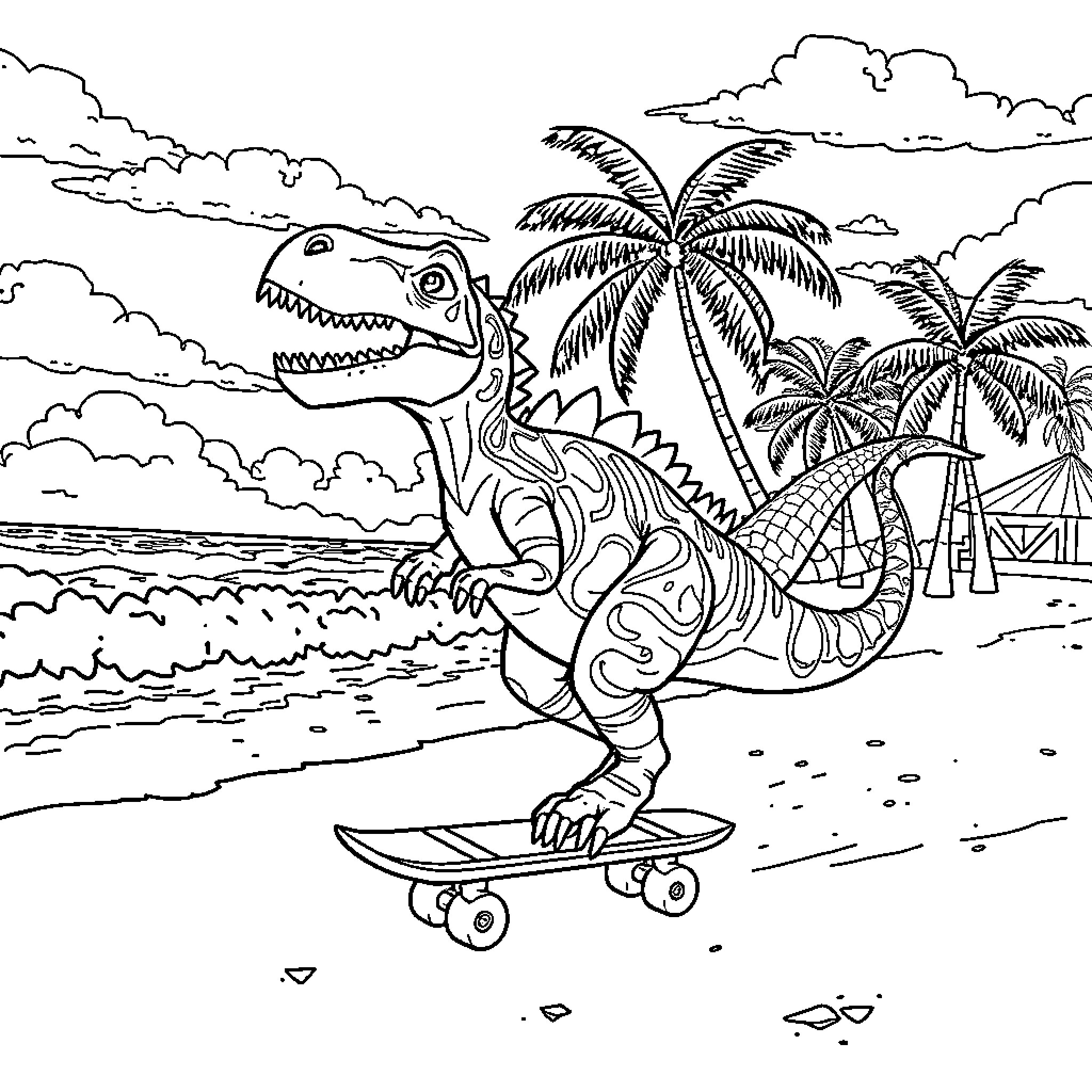 Dinosaur surfing on the beach with palm trees Coloring Page (free black-and-white line drawing printable PDF for all, from beginners to advanced learners, including children, teens, adults, and seniors)