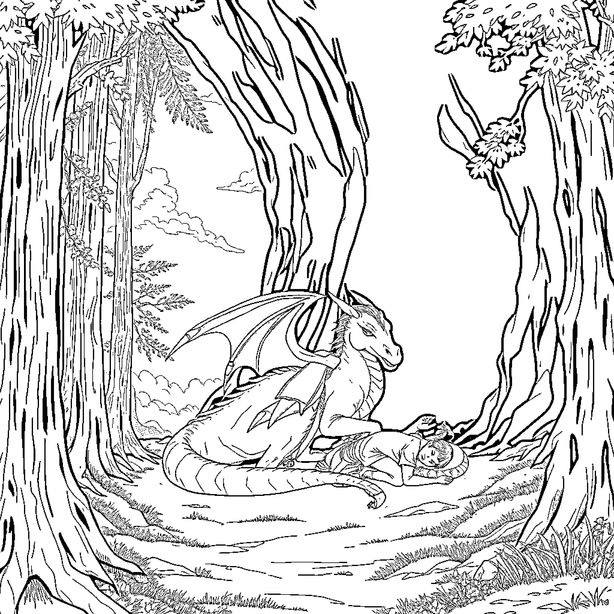 Dragon resting in a serene forest clearing Coloring Page (free black-and-white line drawing printable PDF for all, from beginners to advanced learners, including children, teens, adults, and seniors)