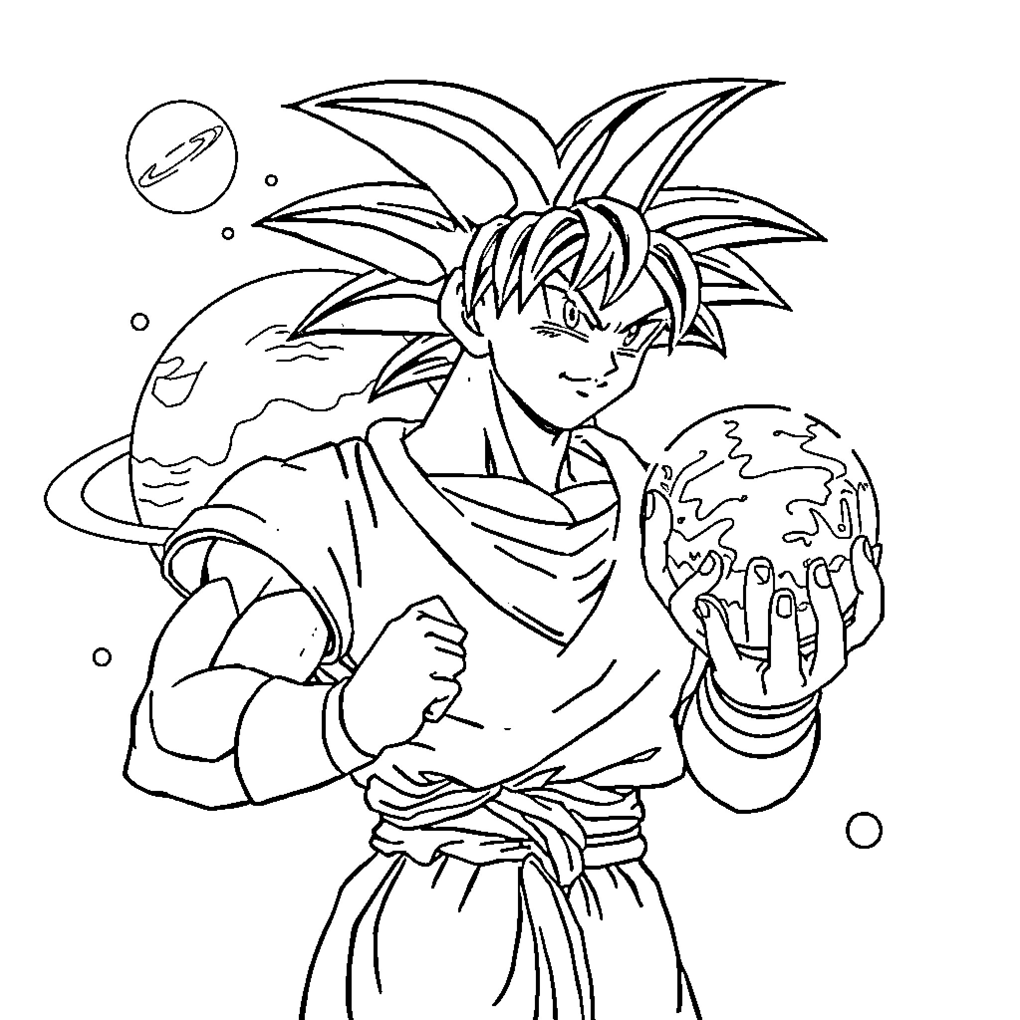 Son Goku wielding the world in battle stance Coloring Page (free black-and-white line drawing printable PDF for all, from beginners to advanced learners, including children, teens, adults, and seniors)
