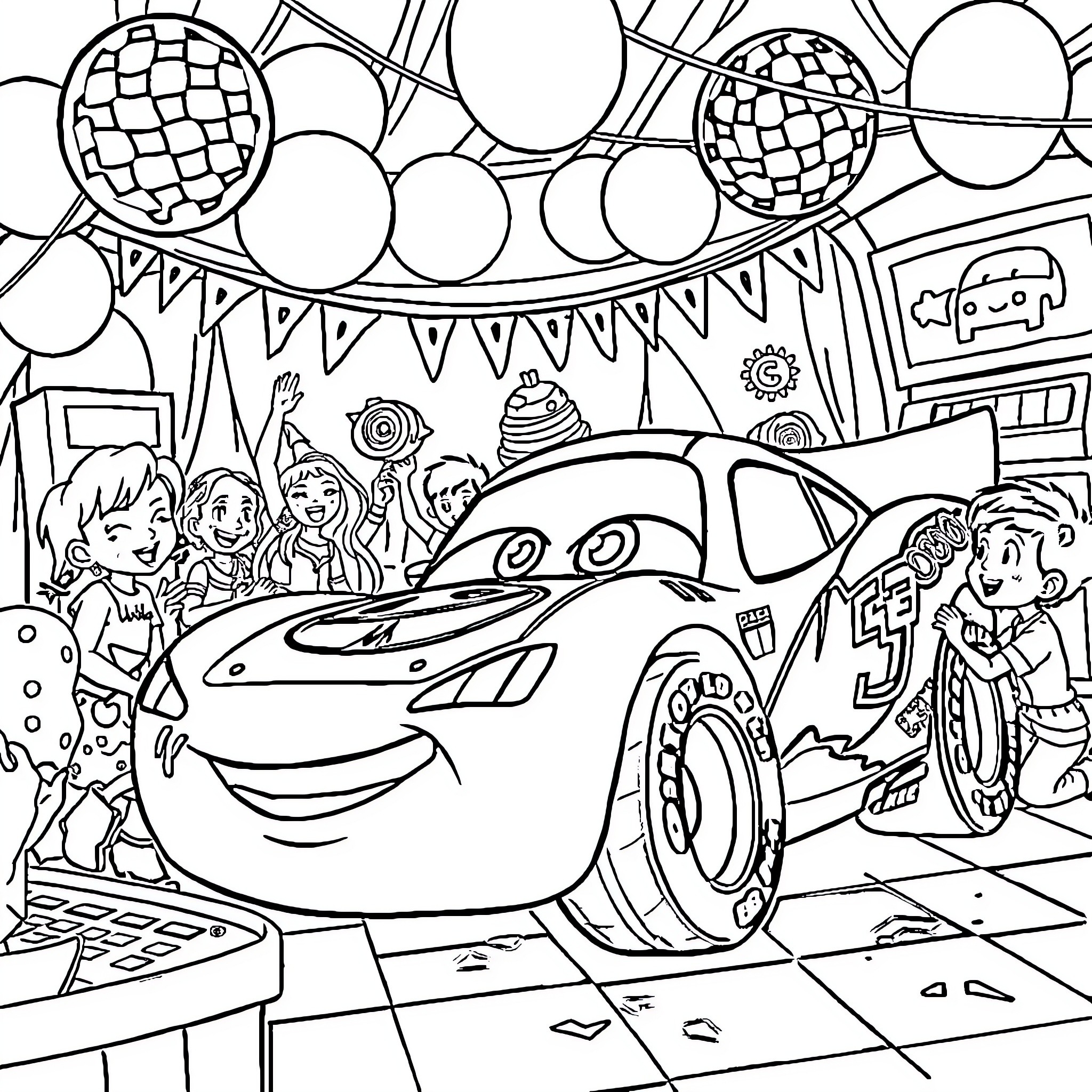 Flash McQueen's Party Celebration Coloring Page (free black-and-white line drawing printable PDF for all, from beginners to advanced learners, including children, teens, adults, and seniors)
