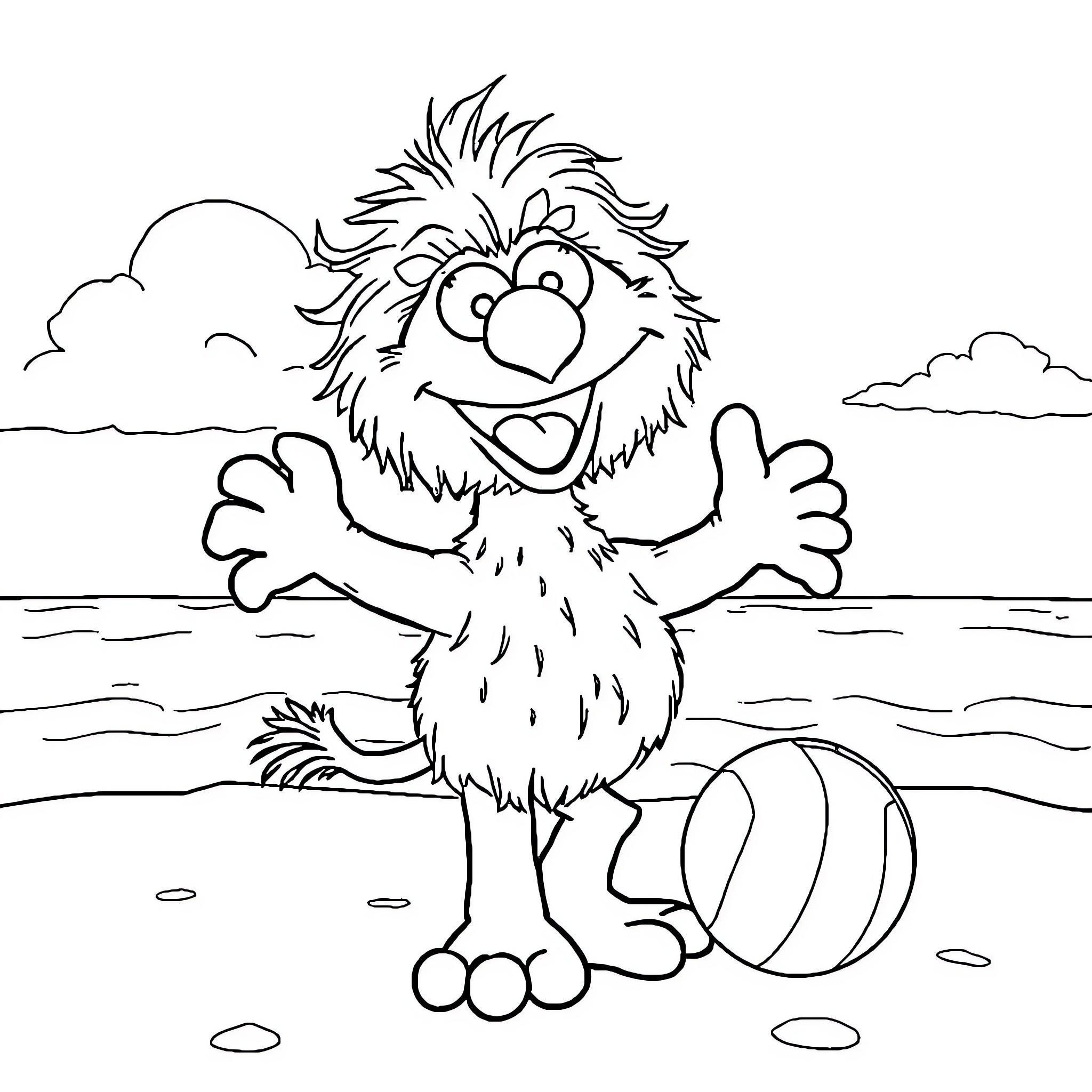 Elmo playing cheerfully on the beach Coloring Page (free black-and-white line drawing printable PDF for all, from beginners to advanced learners, including children, teens, adults, and seniors)