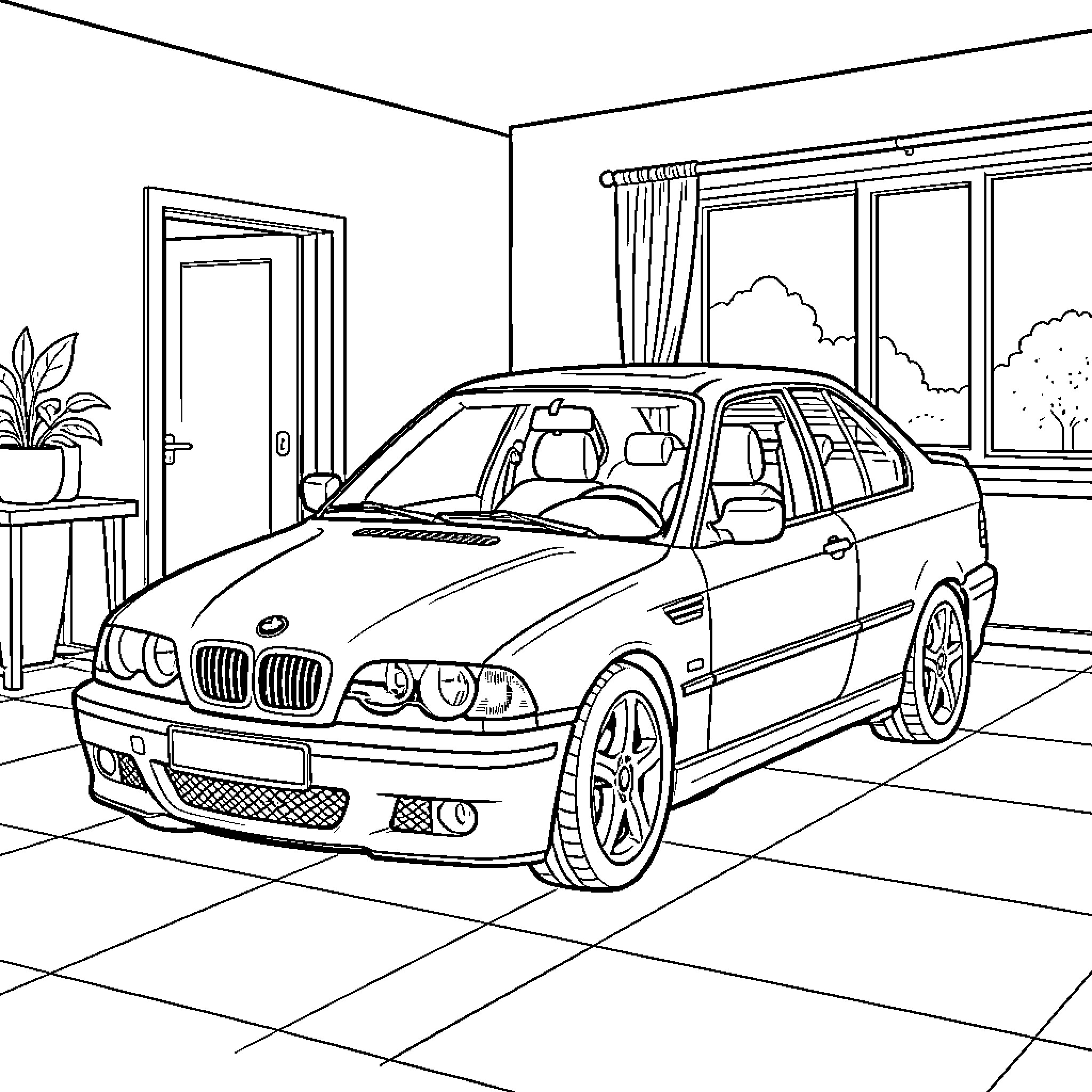BMW parked inside a bright modern room Coloring Page (free black-and-white line drawing printable PDF for all, from beginners to advanced learners, including children, teens, adults, and seniors)
