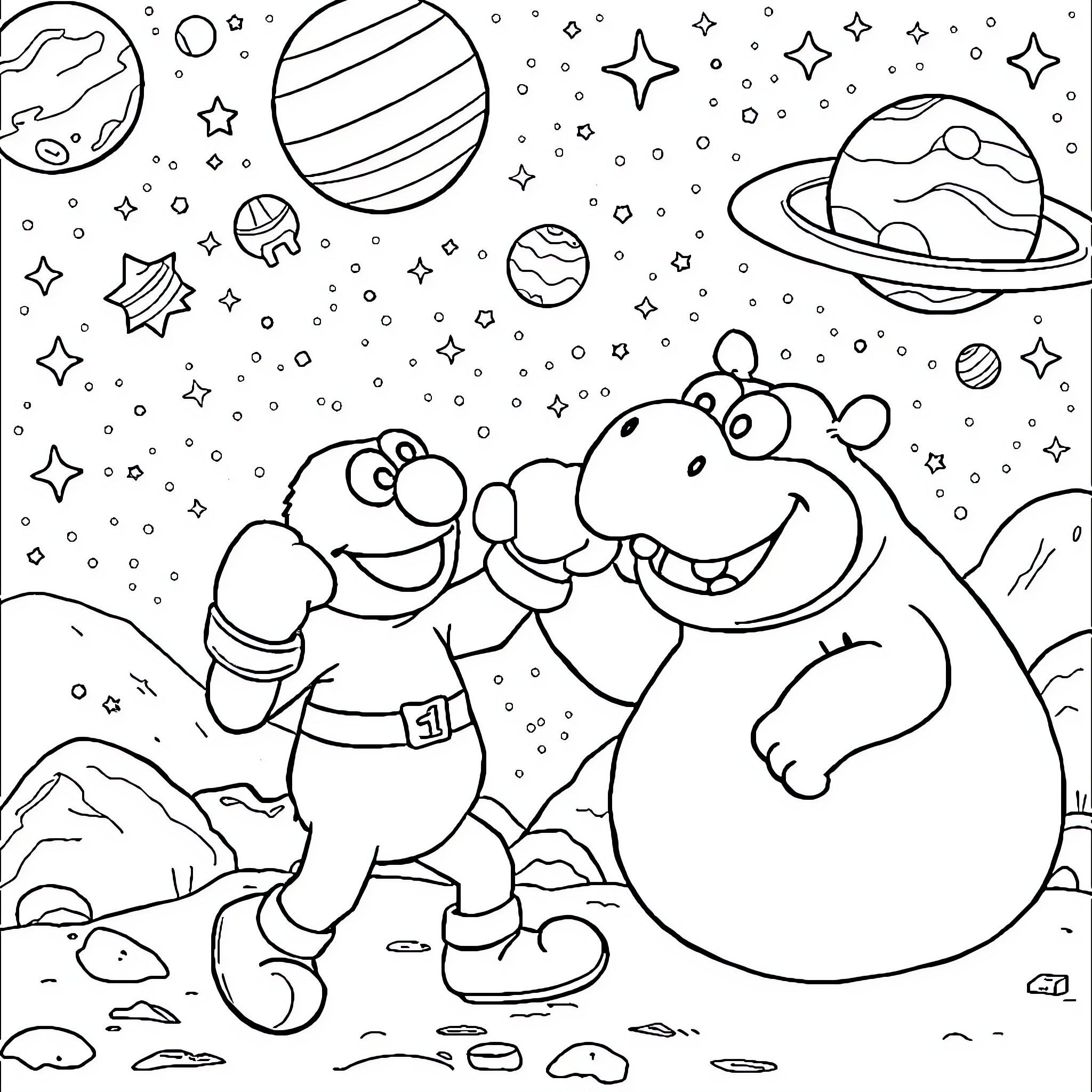 Elmo's Cosmic Adventure Coloring Page (free black-and-white line drawing printable PDF for all, from beginners to advanced learners, including children, teens, adults, and seniors)