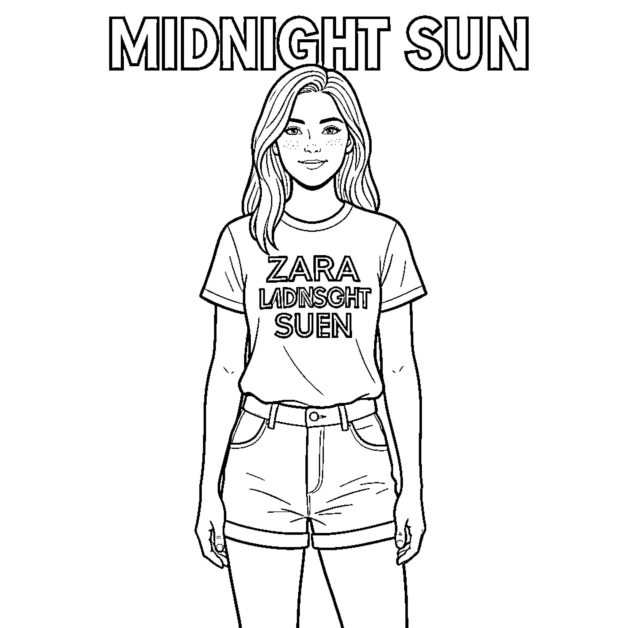Zara Larson smiling in a graphic tee and shorts Coloring Page (free black-and-white line drawing printable PDF for all, from beginners to advanced learners, including children, teens, adults, and seniors)