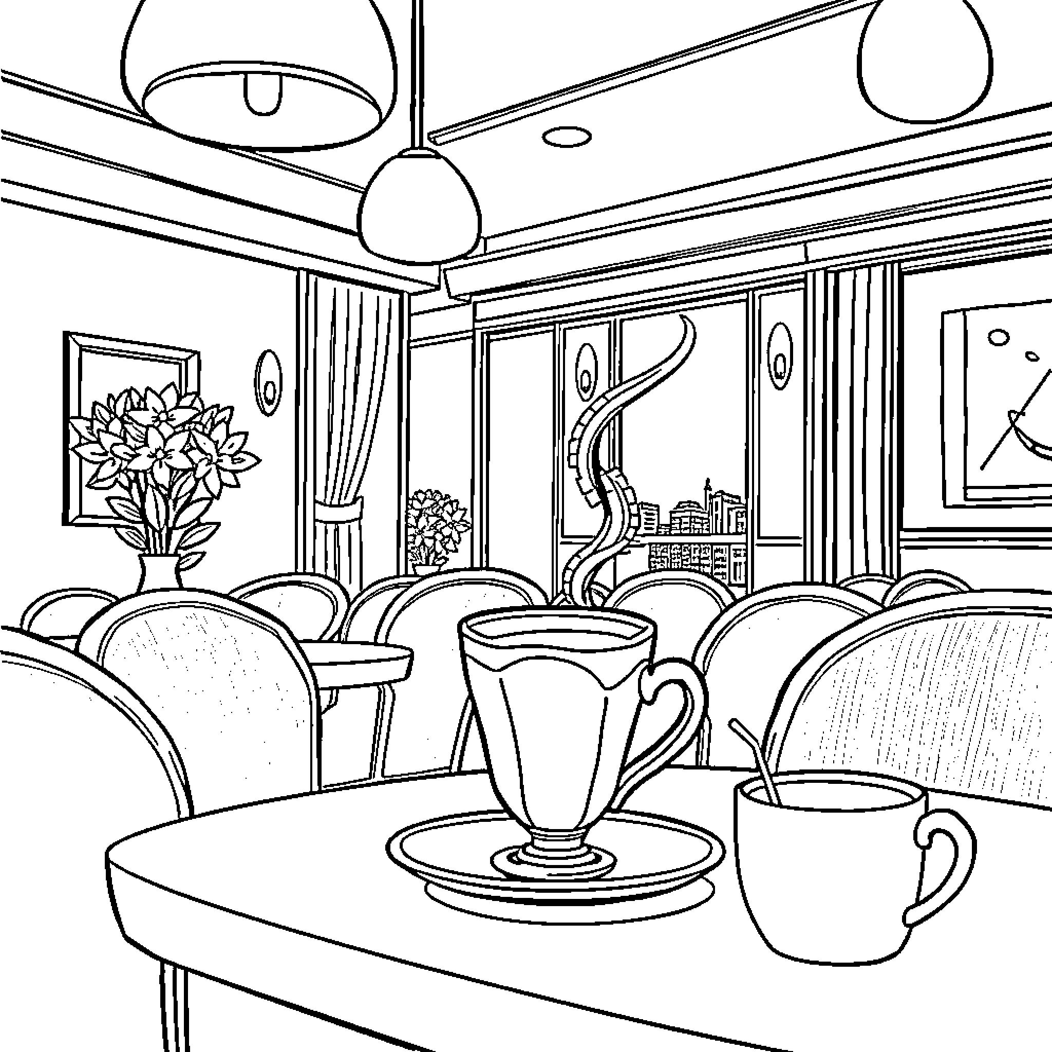 Carapuce enjoying a cozy cafe setting Coloring Page (free black-and-white line drawing printable PDF for all, from beginners to advanced learners, including children, teens, adults, and seniors)