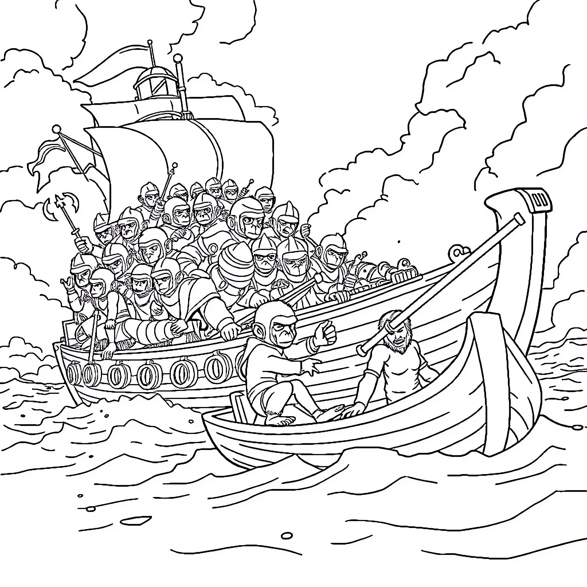 Monkey-Knight Warriors Battling on the High Seas Coloring Page (free black-and-white line drawing printable PDF for all, from beginners to advanced learners, including children, teens, adults, and seniors)