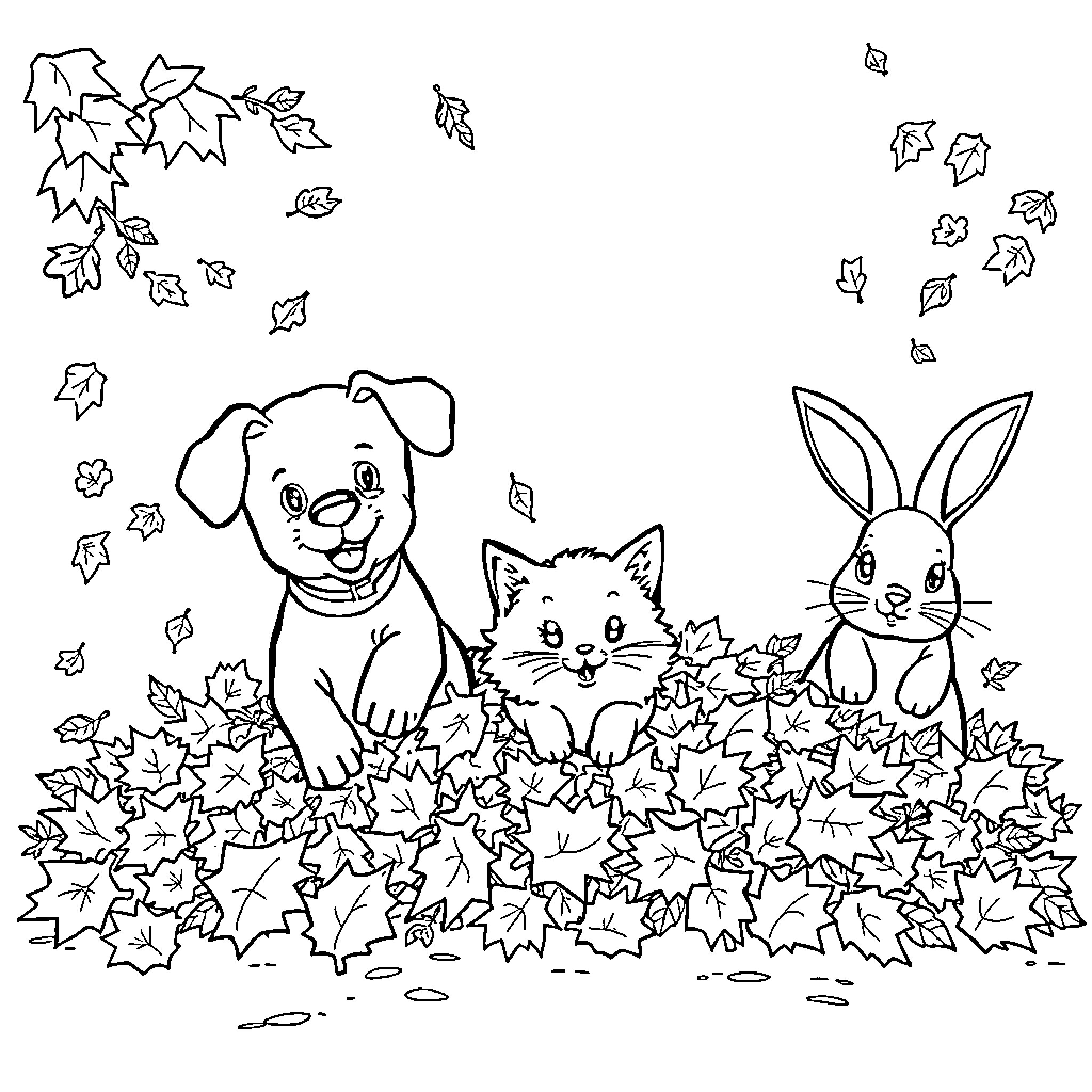 Puppy, Kitty, and Bunny playing in the autumn leaves Coloring Page (free black-and-white line drawing printable PDF for all, from beginners to advanced learners, including children, teens, adults, and seniors)