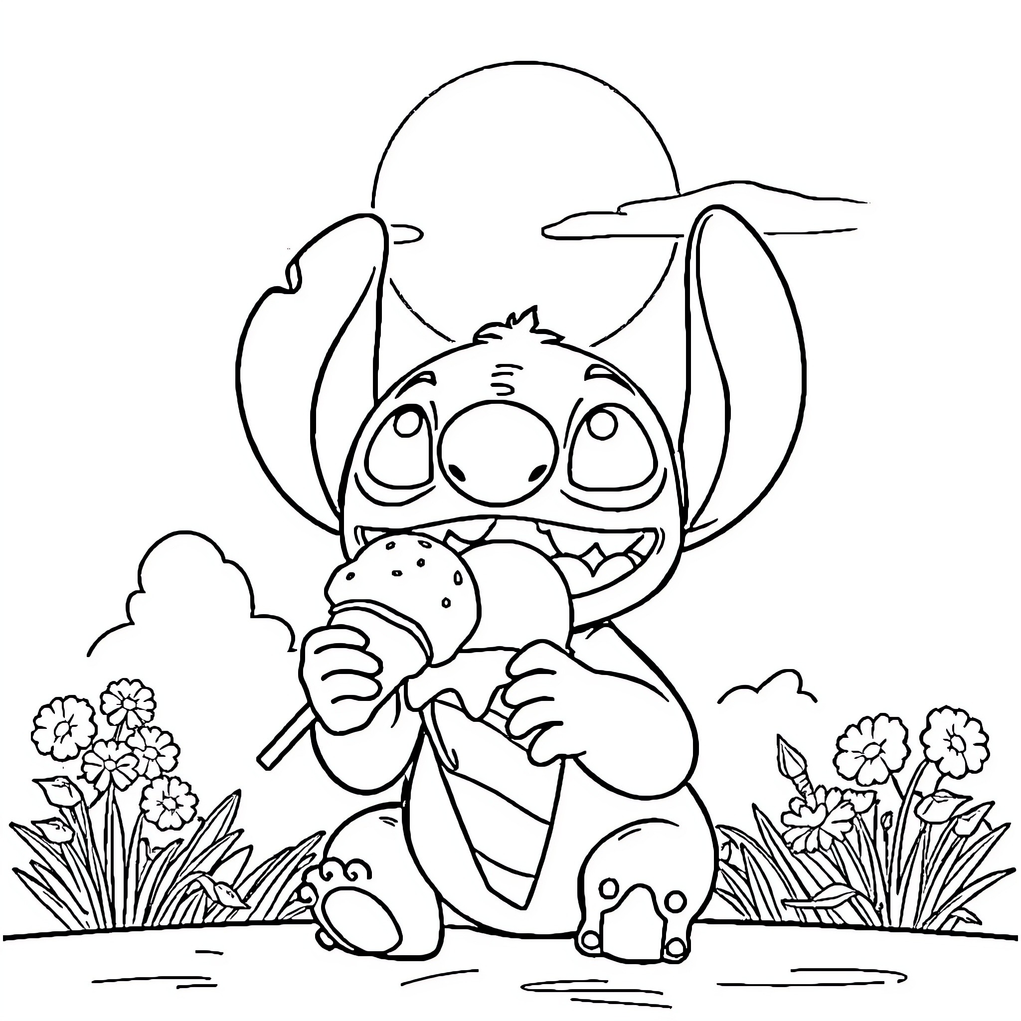 Stitch enjoying a tasty treat in a flower-filled field Coloring Page (free black-and-white line drawing printable PDF for all, from beginners to advanced learners, including children, teens, adults, and seniors)