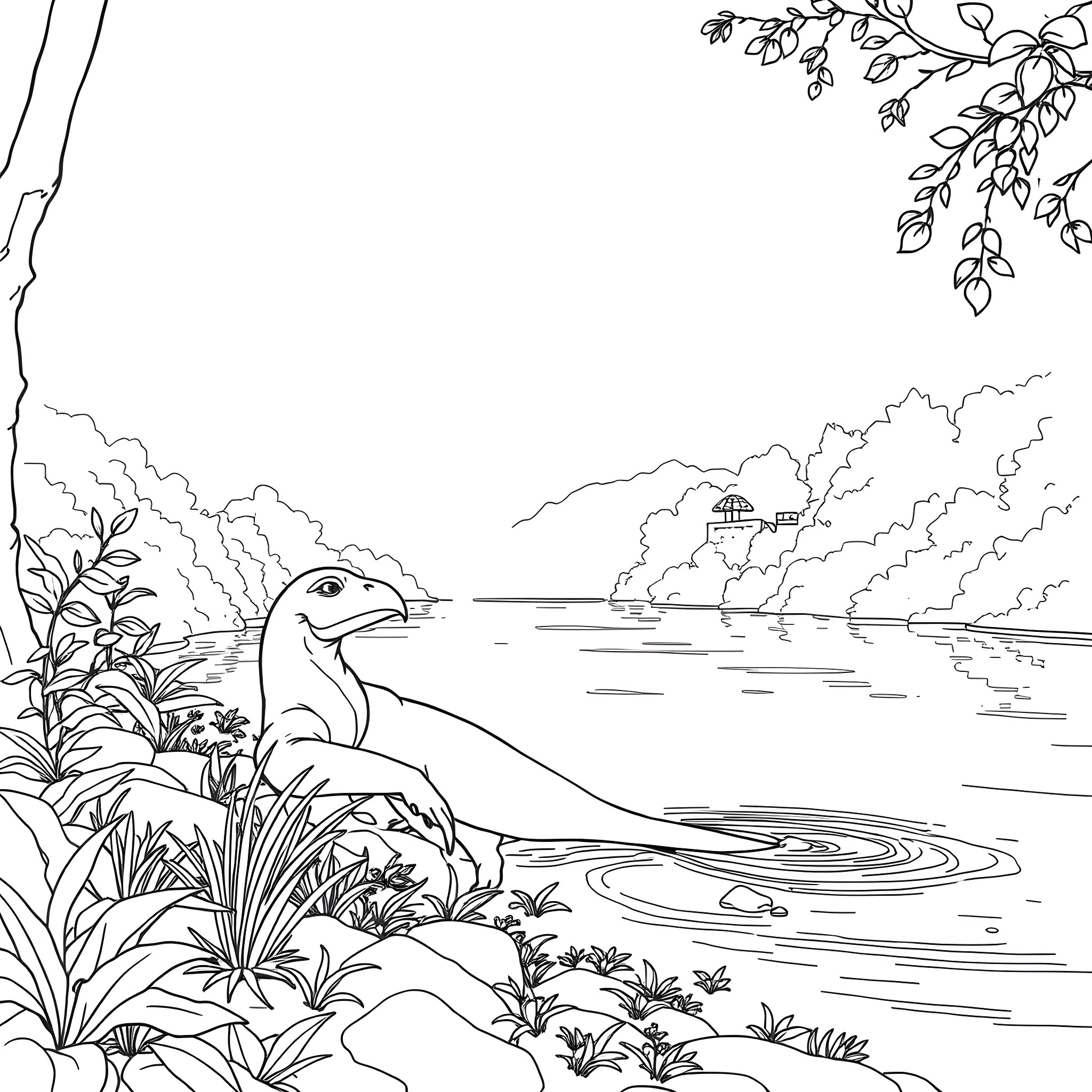 Rapper relaxing by scenic lake in nature Coloring Page (free black-and-white line drawing printable PDF for all, from beginners to advanced learners, including children, teens, adults, and seniors)