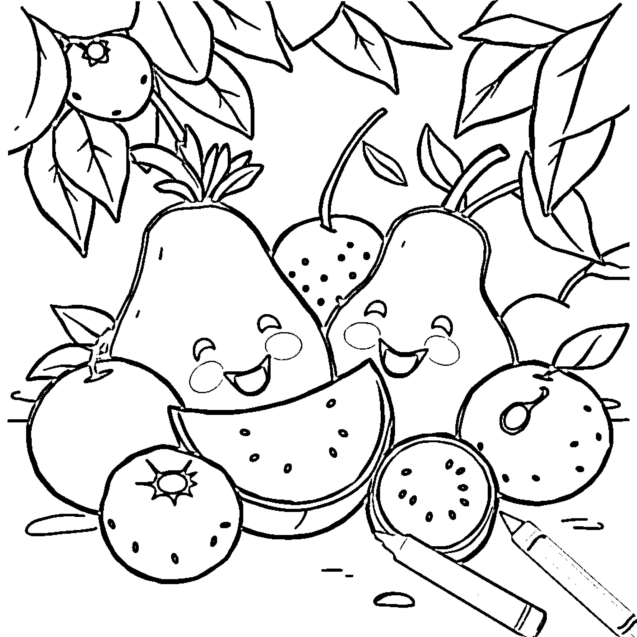 Fruit characters in a playful scene Coloring Page (free black-and-white line drawing printable PDF for all, from beginners to advanced learners, including children, teens, adults, and seniors)