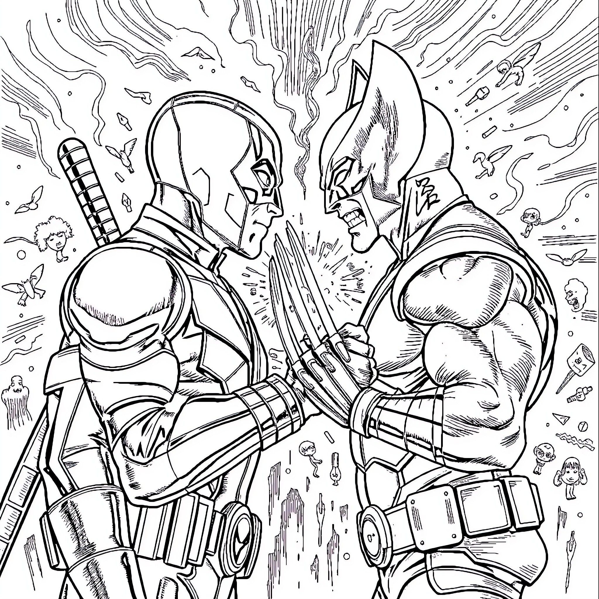 Deadpool's Explosive Encounter with a Formidable Foe Coloring Page (free black-and-white line drawing printable PDF for all, from beginners to advanced learners, including children, teens, adults, and seniors)