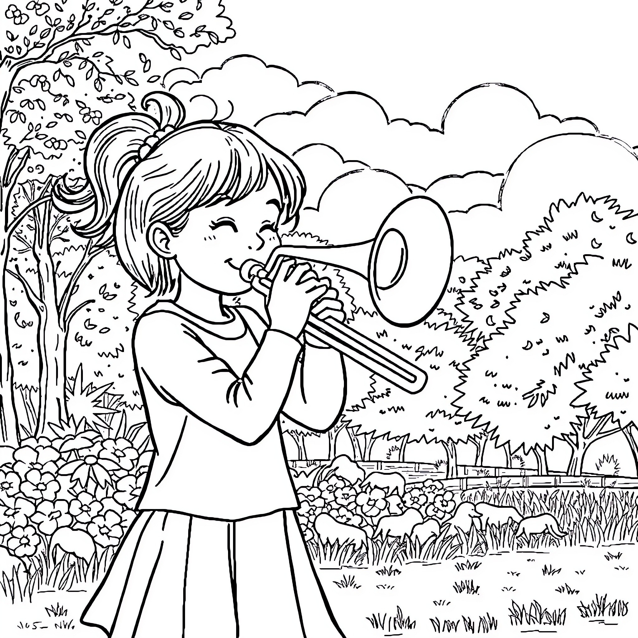 Girl playing joyfully with a megaphone in the garden Coloring Page (free black-and-white line drawing printable PDF for all, from beginners to advanced learners, including children, teens, adults, and seniors)