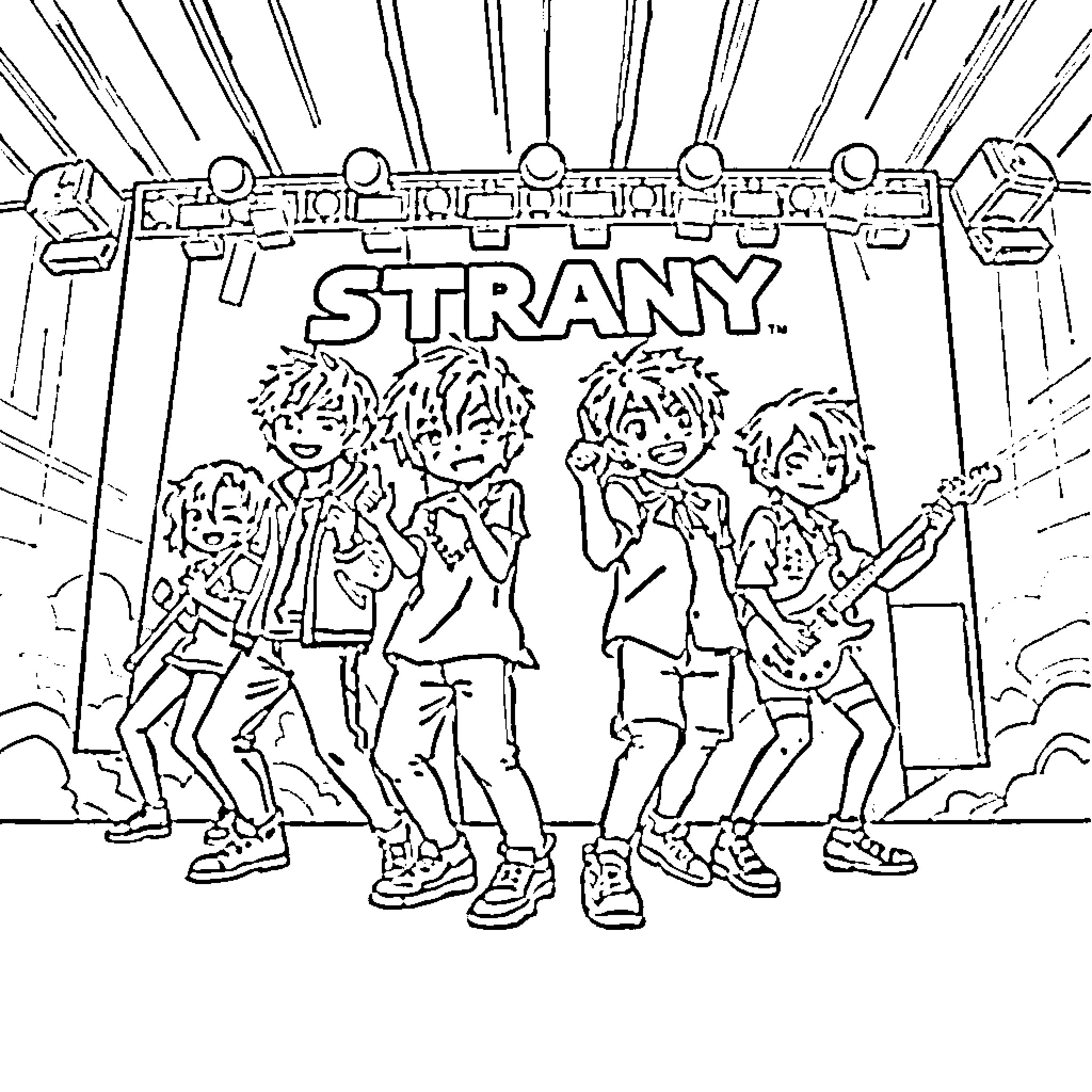 Stray Kids Performing on Stage Coloring Page (free black-and-white line drawing printable PDF for all, from beginners to advanced learners, including children, teens, adults, and seniors)