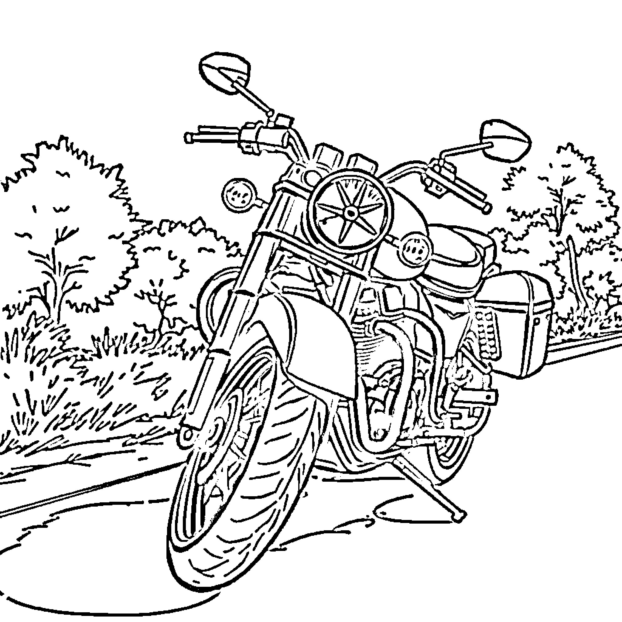 Motorcycle speeding through scenic countryside Coloring Page (free black-and-white line drawing printable PDF for all, from beginners to advanced learners, including children, teens, adults, and seniors)