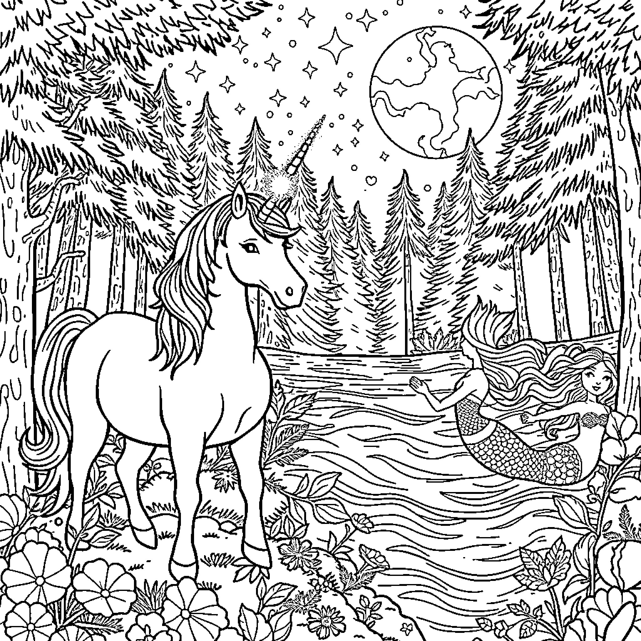 Unicorn exploring the enchanted forest at night Coloring Page (free black-and-white line drawing printable PDF for all, from beginners to advanced learners, including children, teens, adults, and seniors)