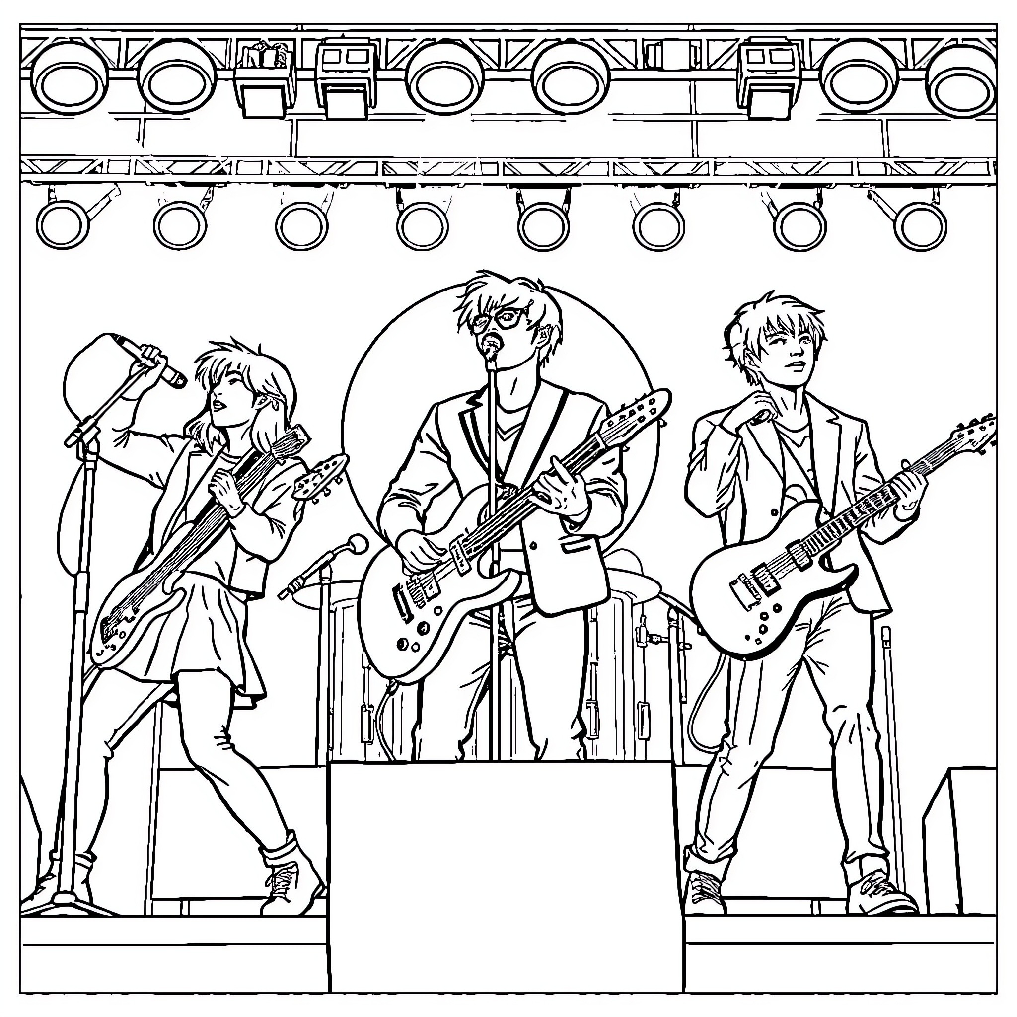 K Pop Band Members Performing on Stage Coloring Page (free black-and-white line drawing printable PDF for all, from beginners to advanced learners, including children, teens, adults, and seniors)