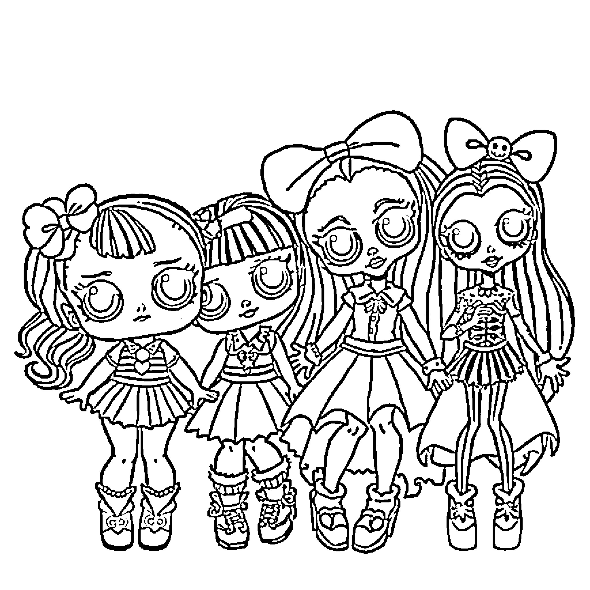 Doll friends posing in stylish outfits Coloring Page (free black-and-white line drawing printable PDF for all, from beginners to advanced learners, including children, teens, adults, and seniors)