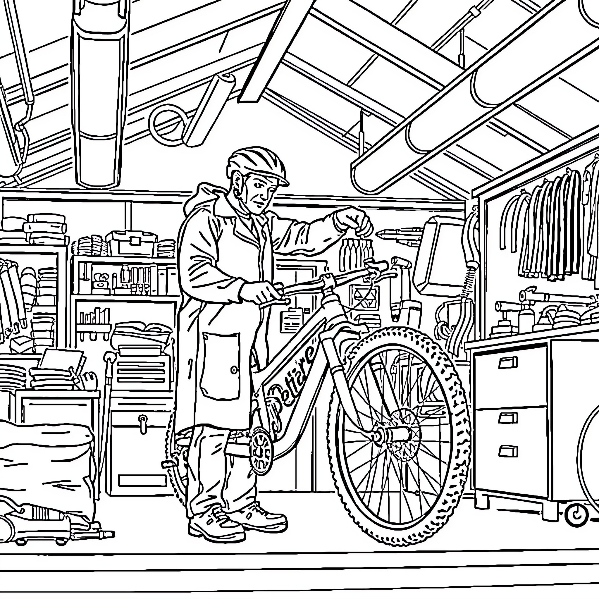 Bike Repair in Cluttered Workshop Coloring Page (free black-and-white line drawing printable PDF for all, from beginners to advanced learners, including children, teens, adults, and seniors)
