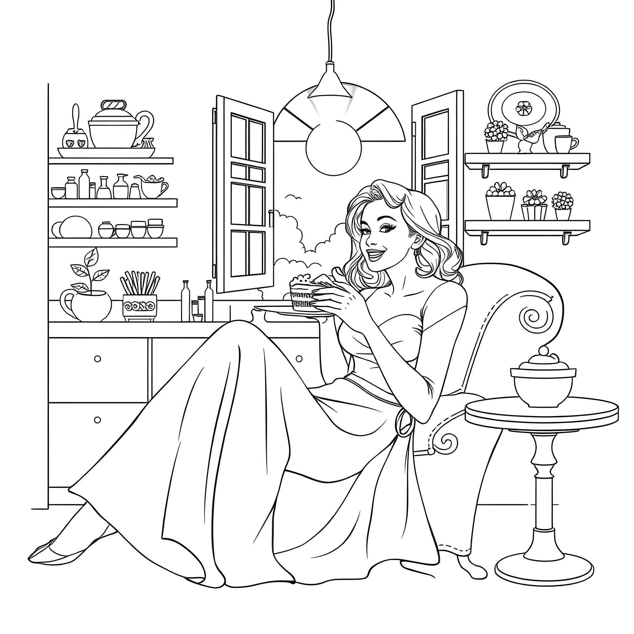 Woman relaxing and enjoying a snack in her cozy kitchen Coloring Page (free black-and-white line drawing printable PDF for all, from beginners to advanced learners, including children, teens, adults, and seniors)