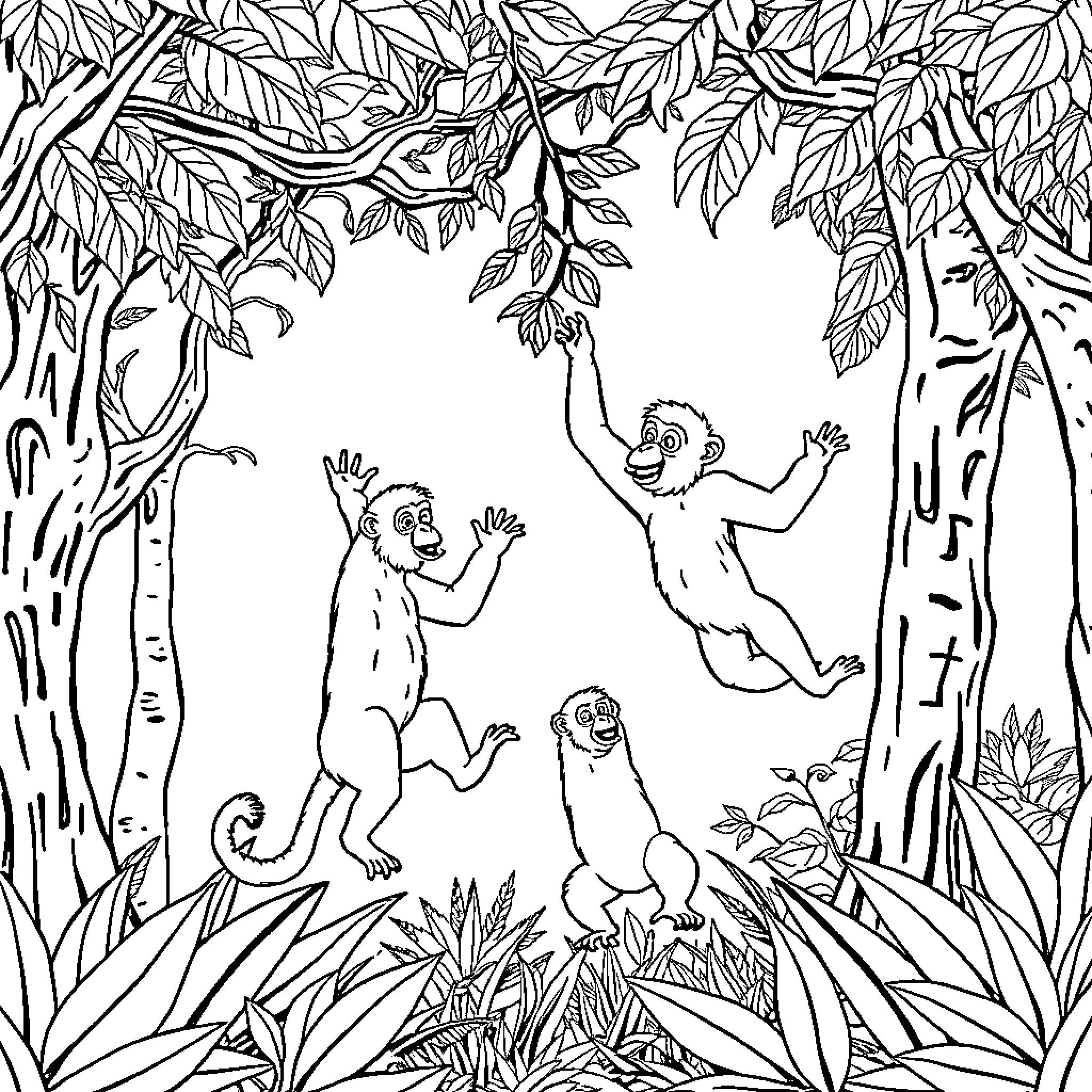 Gorillas playing in the tropical forest Coloring Page (free black-and-white line drawing printable PDF for all, from beginners to advanced learners, including children, teens, adults, and seniors)