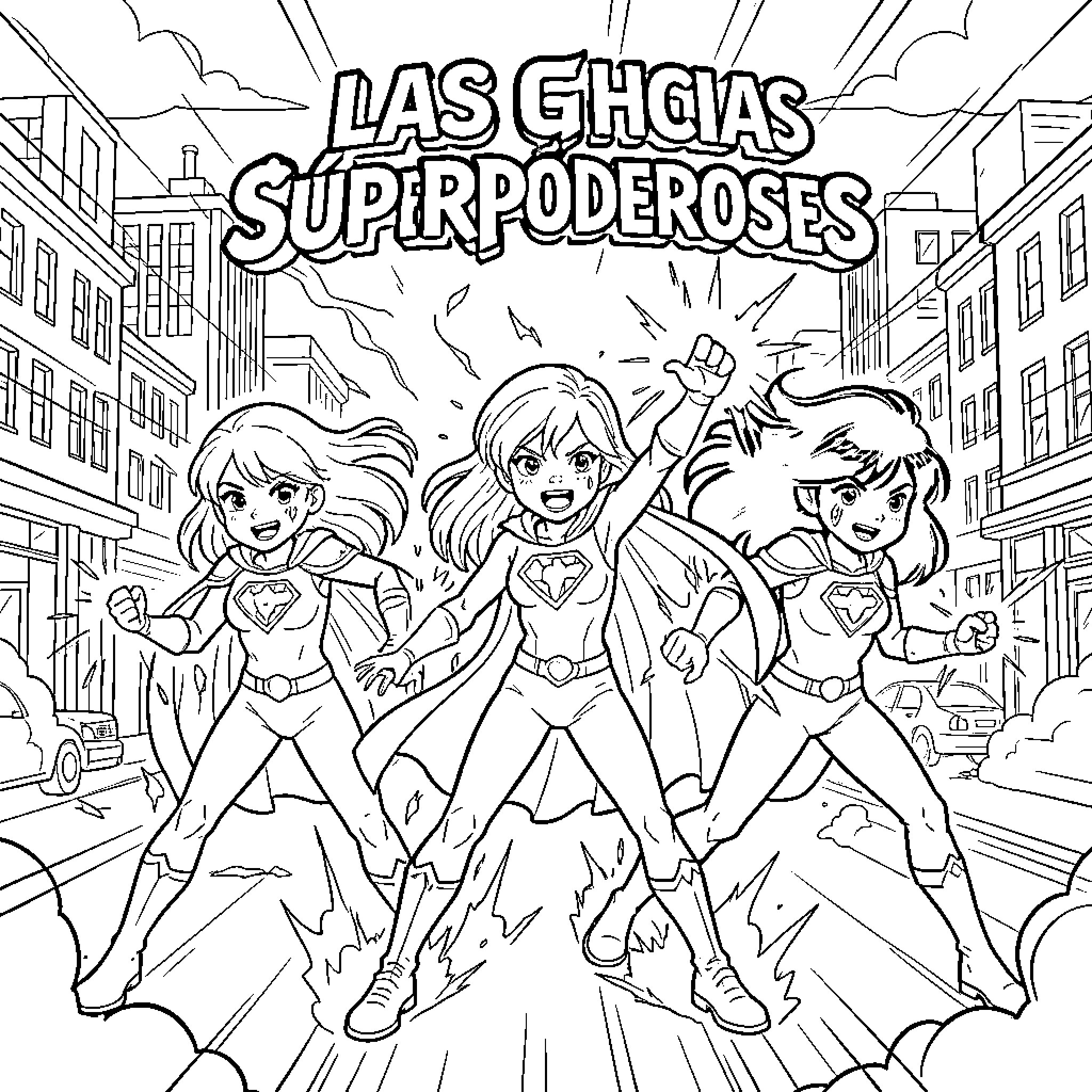 Powerpuff Girls in Action: Superheroes on the Streets Coloring Page (free black-and-white line drawing printable PDF for all, from beginners to advanced learners, including children, teens, adults, and seniors)