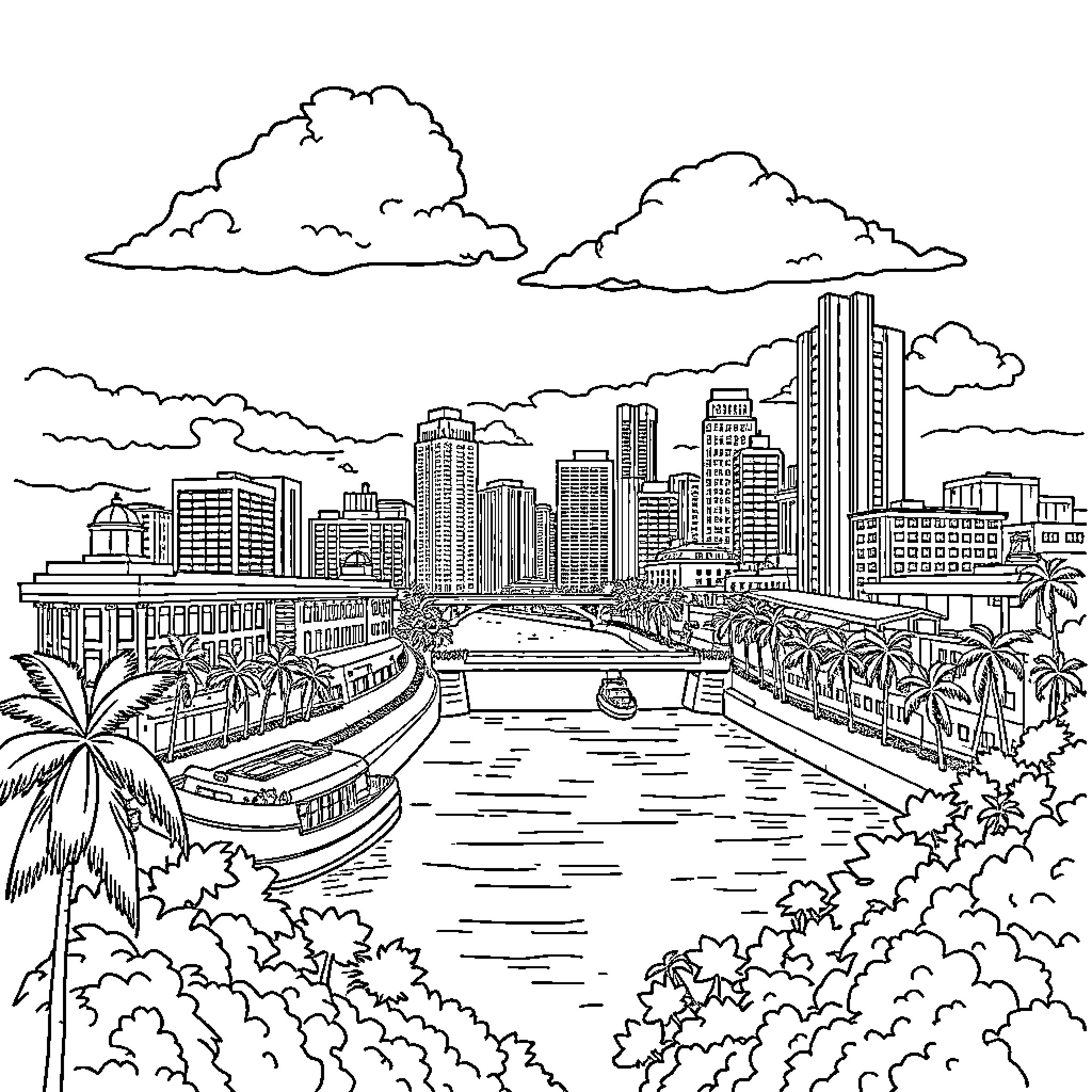 Panamá city skyline with tropical landscape Coloring Page (free black-and-white line drawing printable PDF for all, from beginners to advanced learners, including children, teens, adults, and seniors)