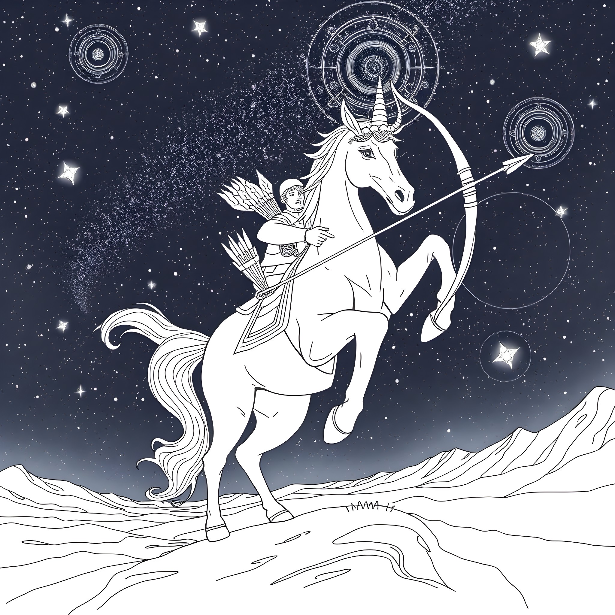 Sagittarius archer on a majestic unicorn under the starry sky Coloring Page (free black-and-white line drawing printable PDF for all, from beginners to advanced learners, including children, teens, adults, and seniors)