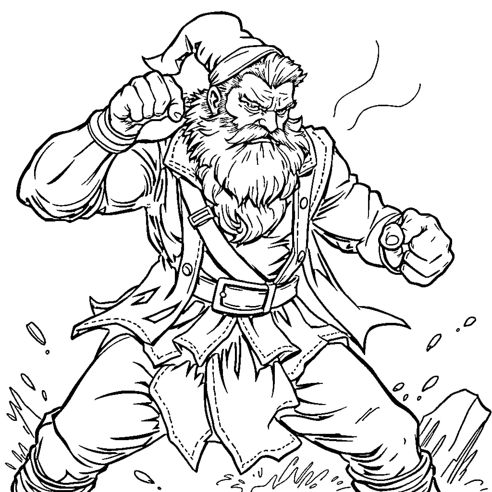 Irishman in fighting stance with fierce expression Coloring Page (free black-and-white line drawing printable PDF for all, from beginners to advanced learners, including children, teens, adults, and seniors)